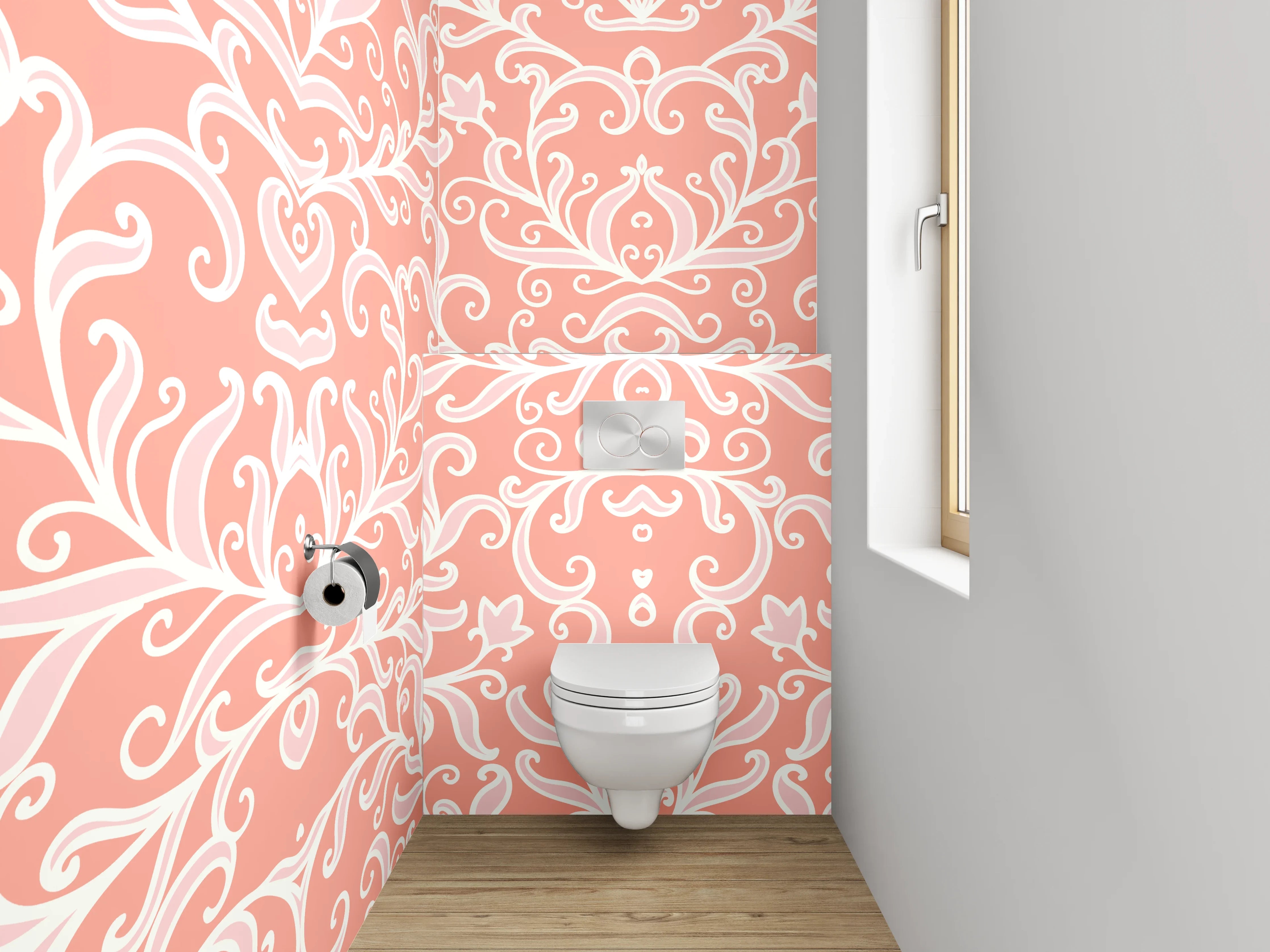 WC-Rückwand - Florales Ornament Rosa Weiß