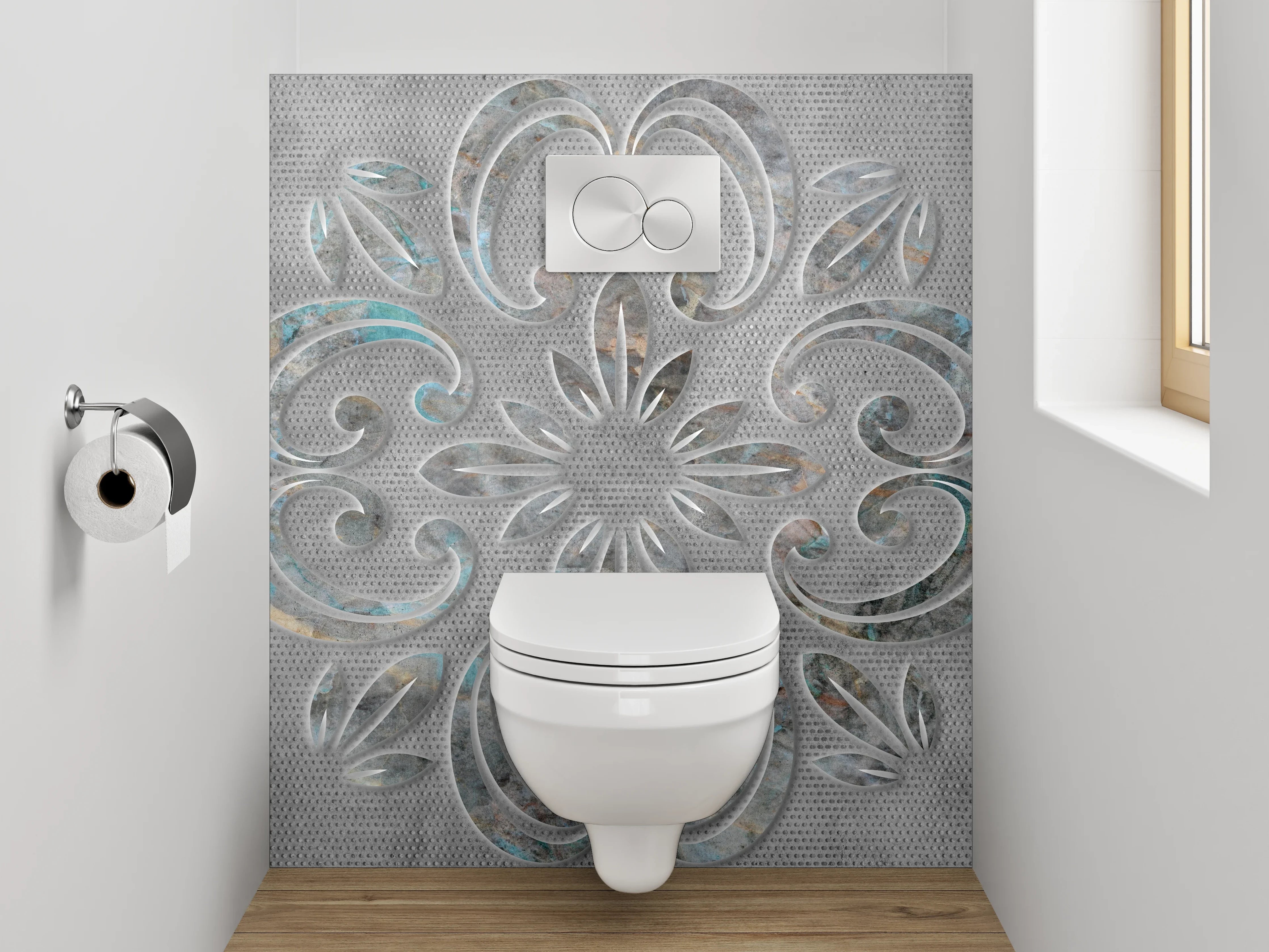 WC-Rückwand - Florales Ornament in Weiß-Grau