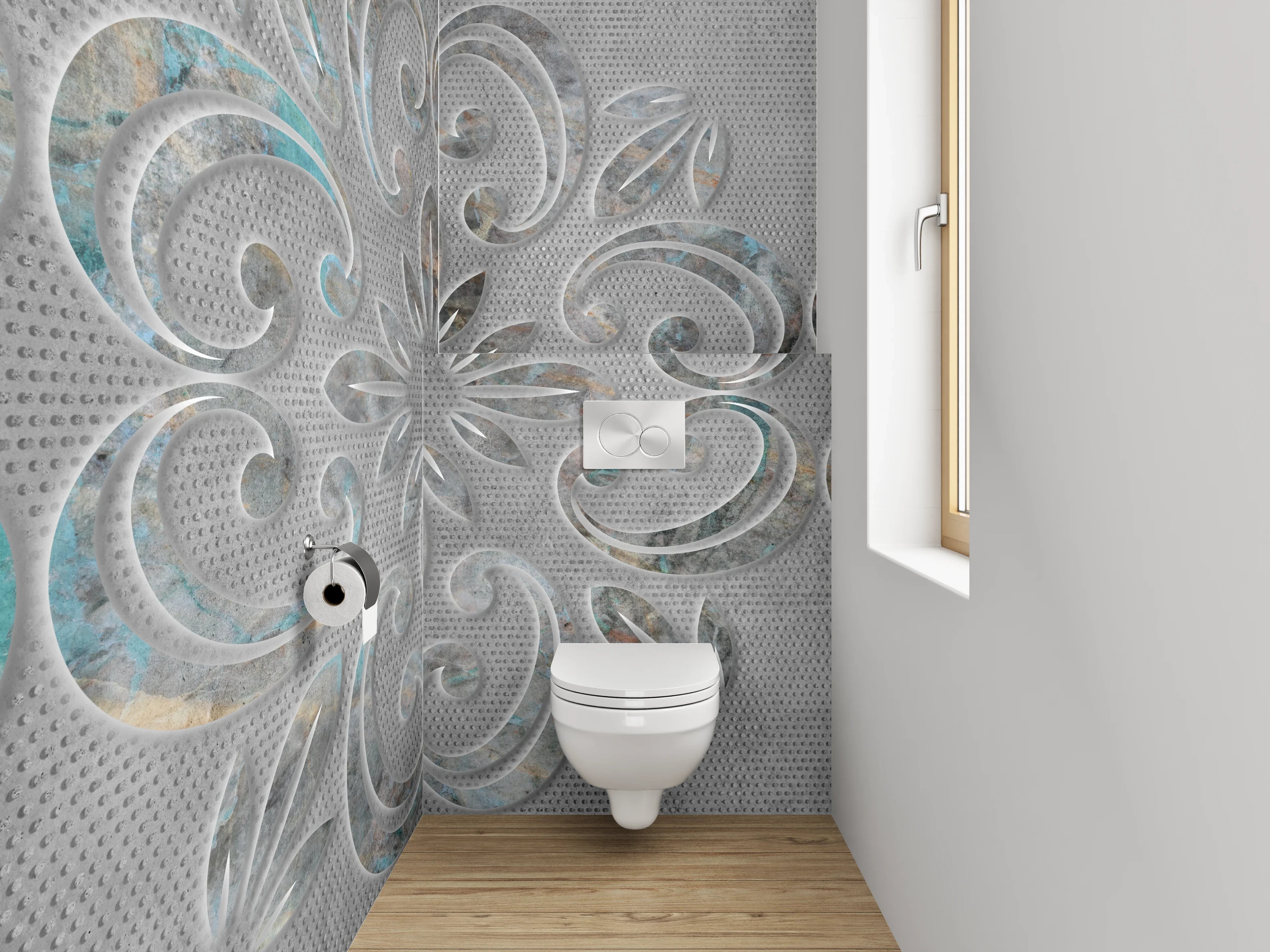 WC-Rückwand - Florales Ornament in Weiß-Grau