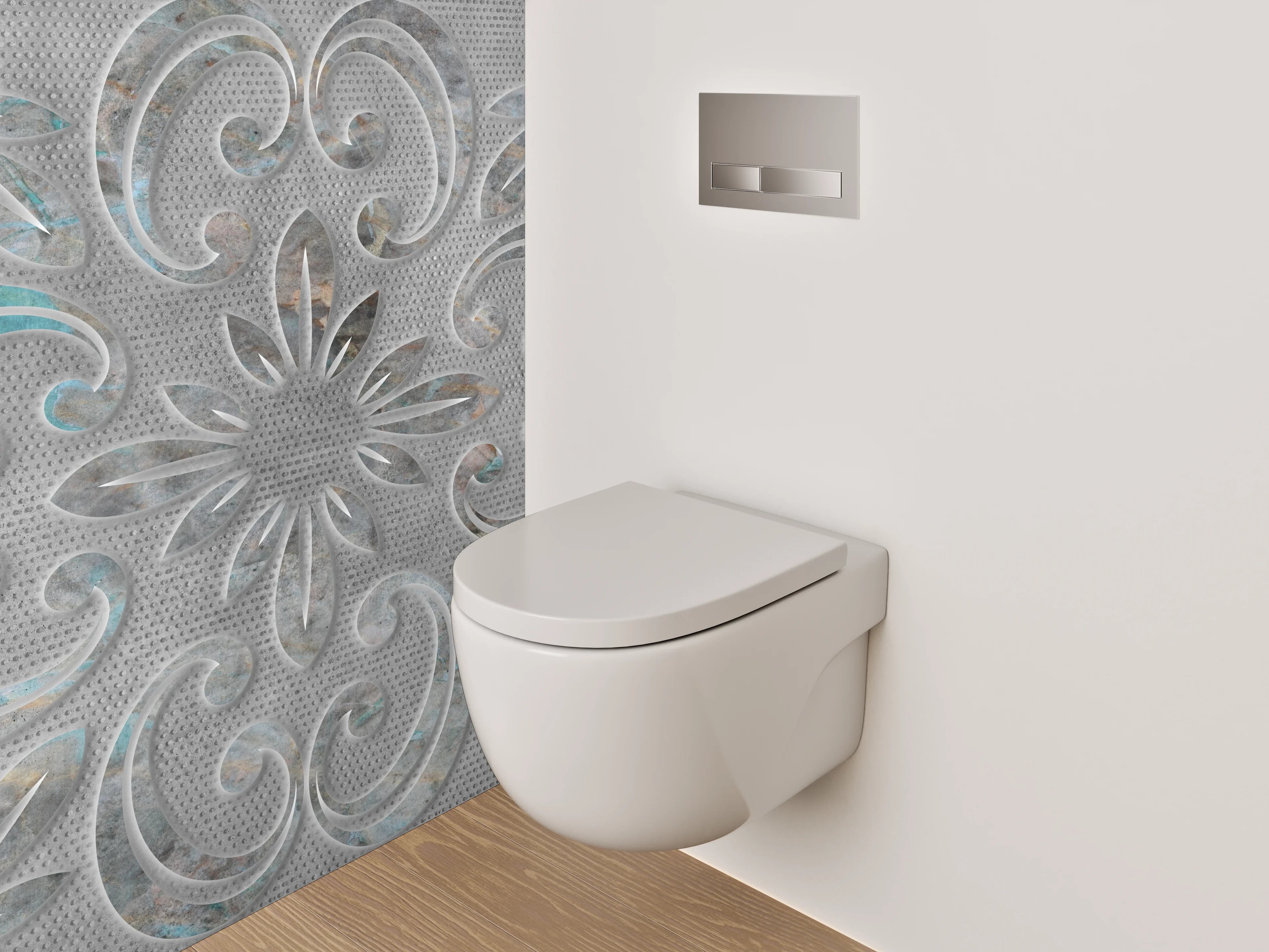 WC-Rückwand - Florales Ornament in Weiß-Grau
