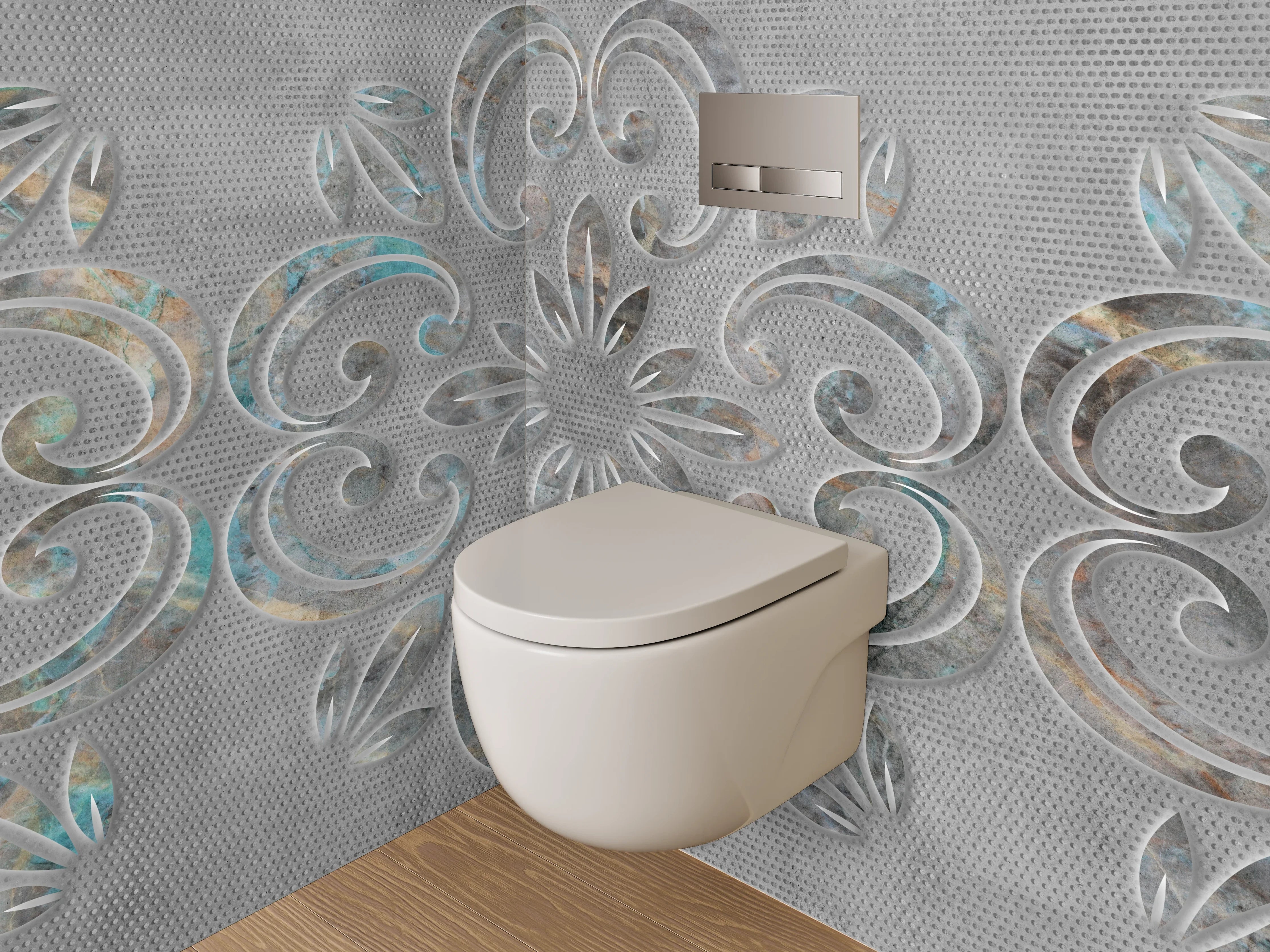 WC-Rückwand - Florales Ornament in Weiß-Grau