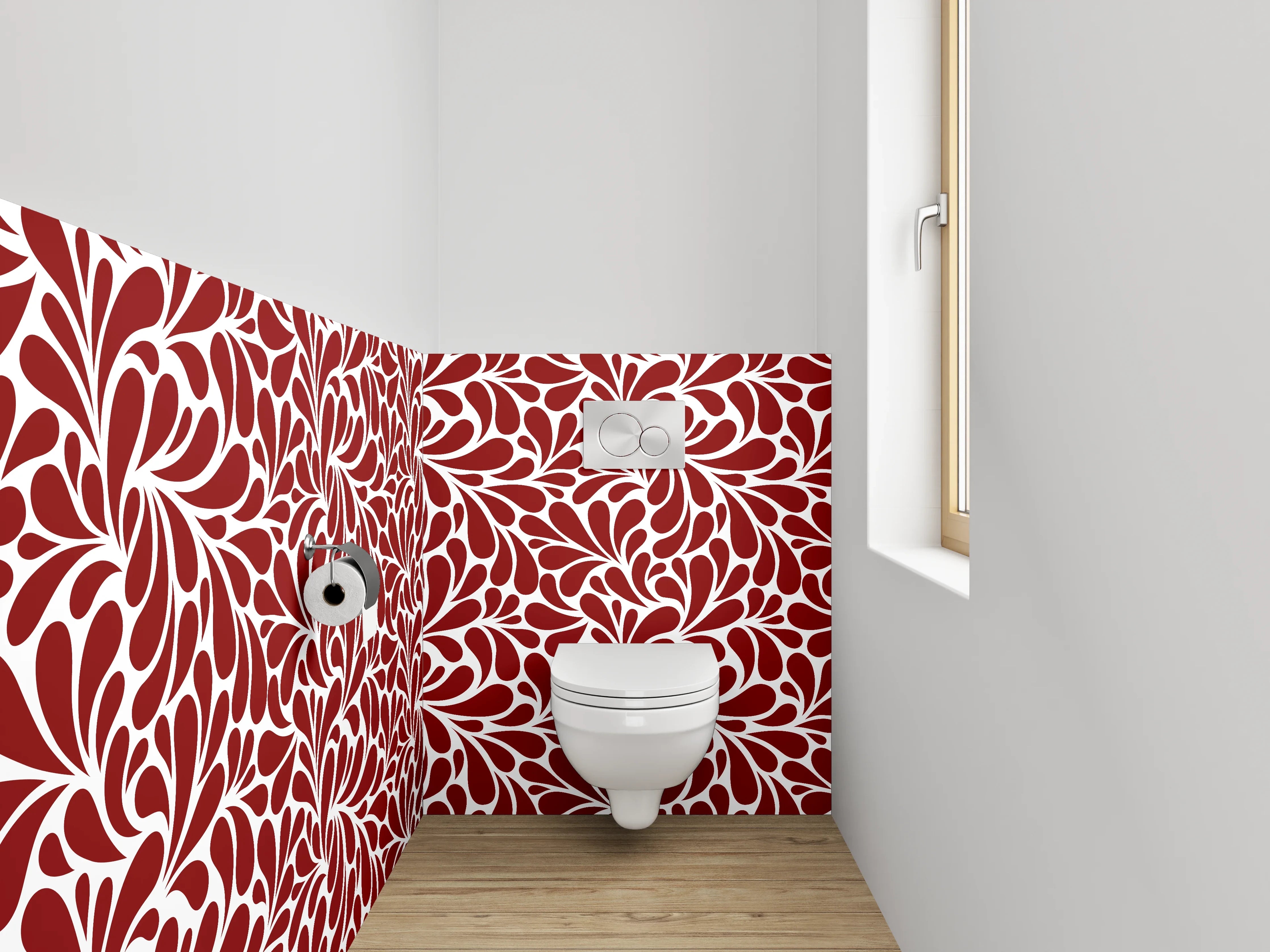 WC-Rückwand - Florales Ornamentmuster in Rot-Weiß