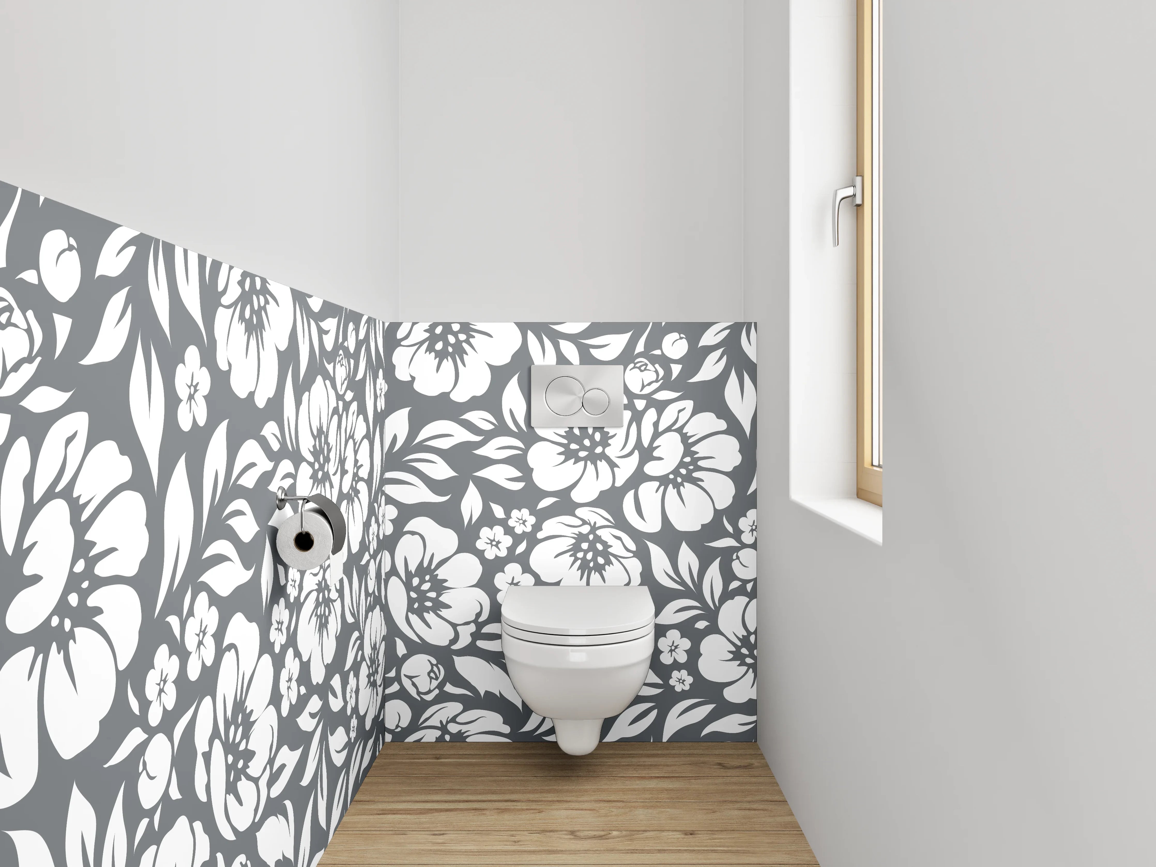 WC-Rückwand - Florales Schwarz-Weiß Blumenmuster