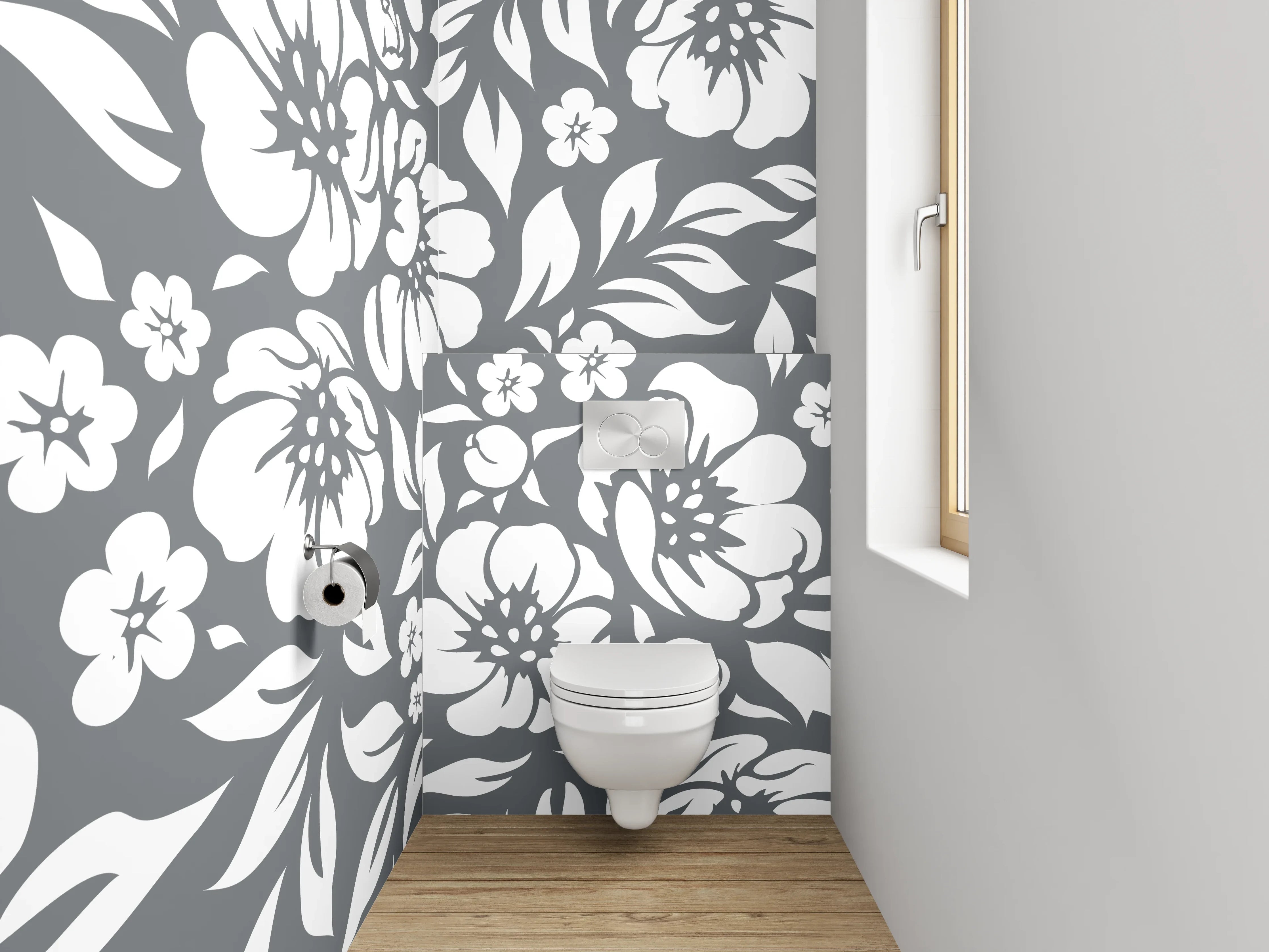 WC-Rückwand - Florales Schwarz-Weiß Blumenmuster