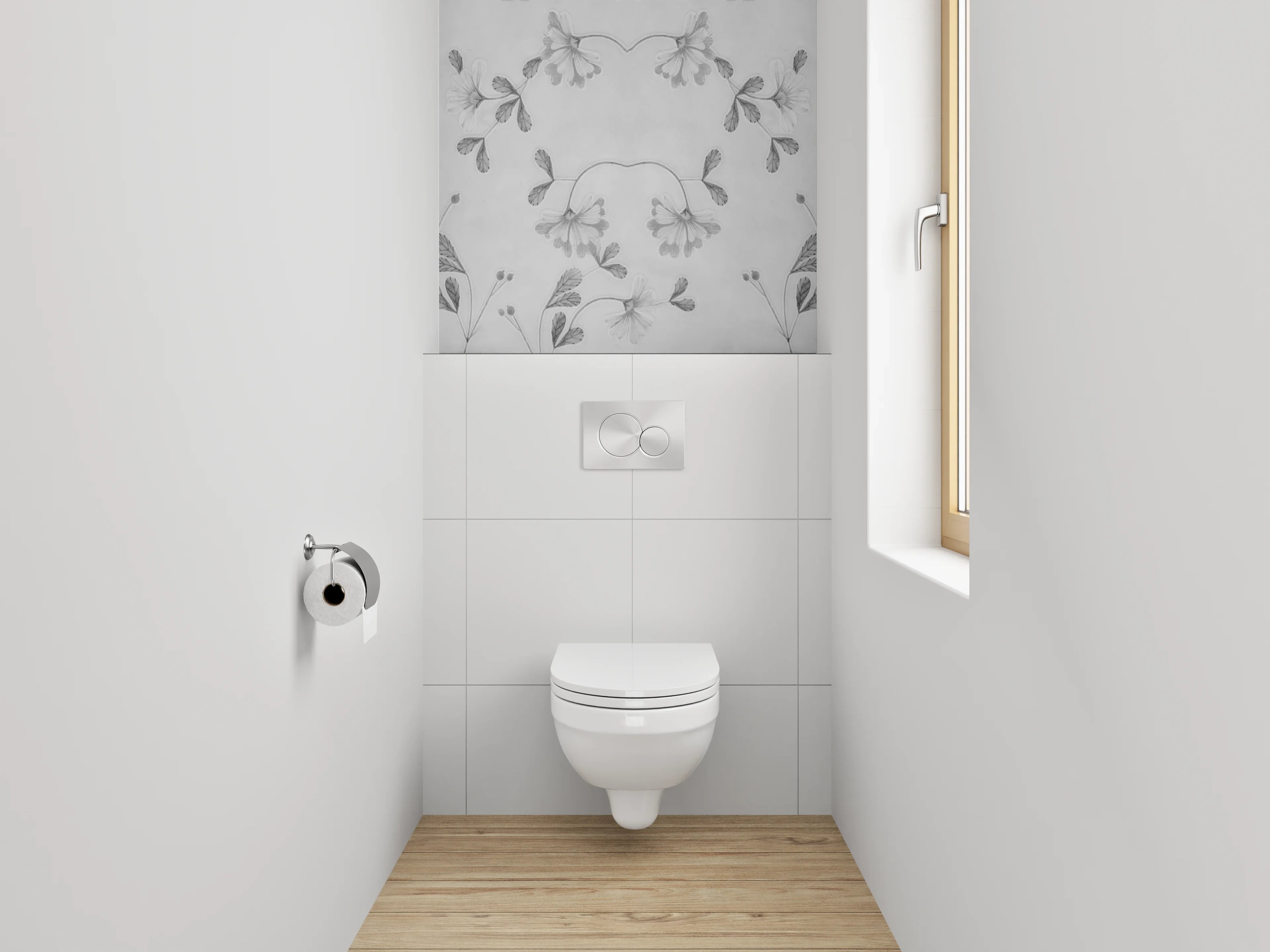 WC-Rückwand - Florales Schwarz-Weiß Muster auf Grau