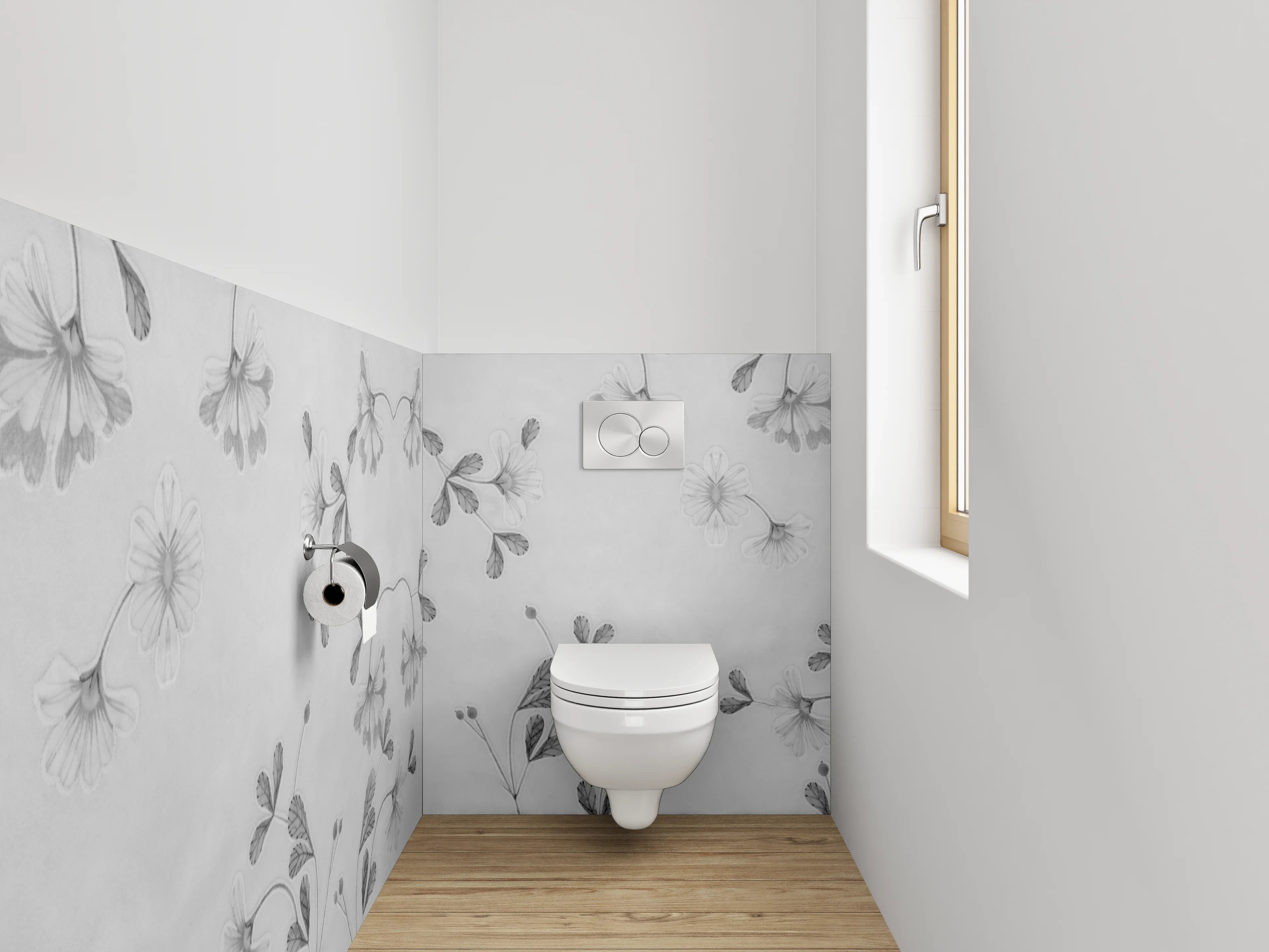 WC-Rückwand - Florales Schwarz-Weiß Muster auf Grau