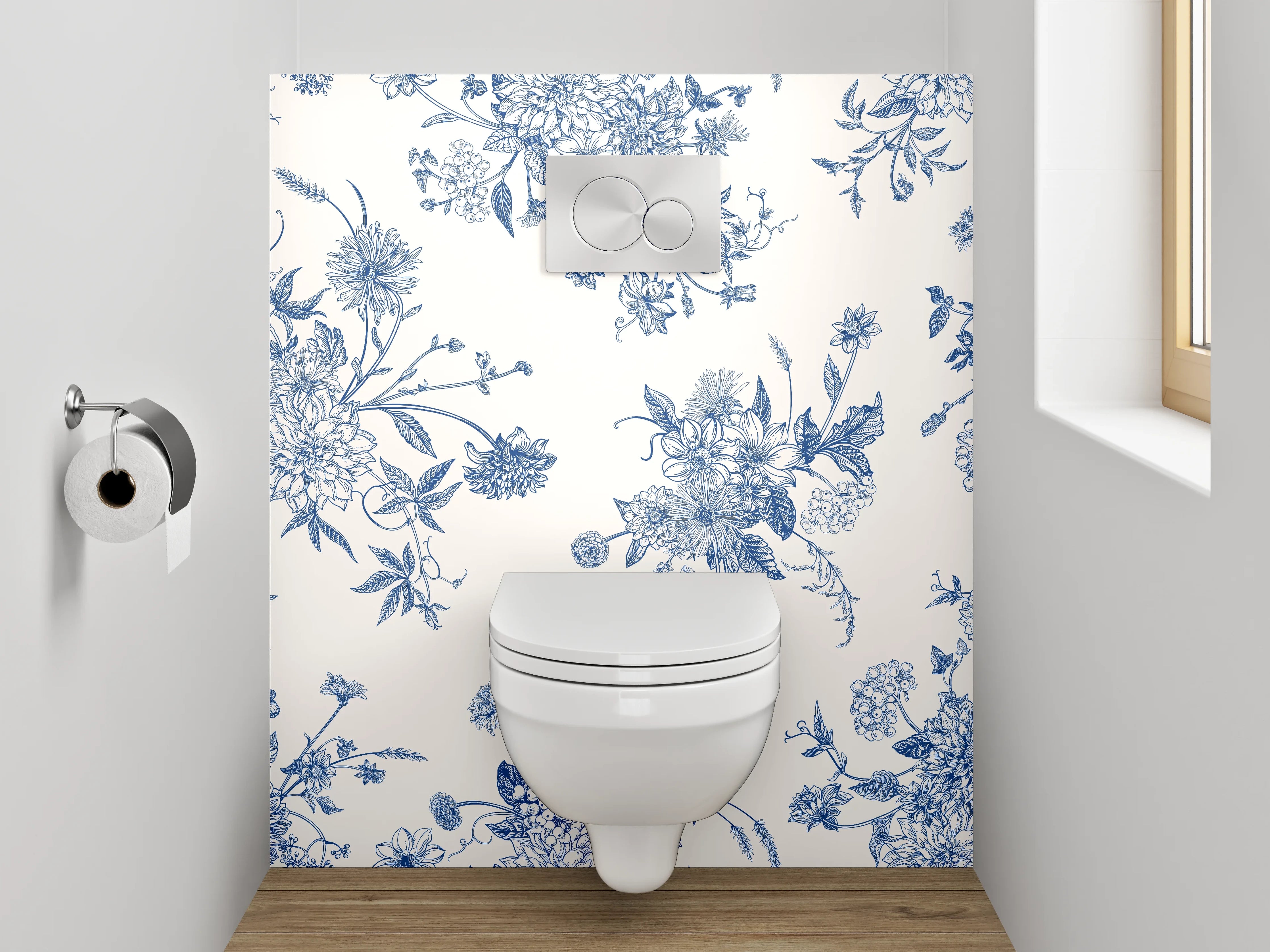 WC-Rückwand - Florales Toile-de-Jouy Muster Blau Weiß