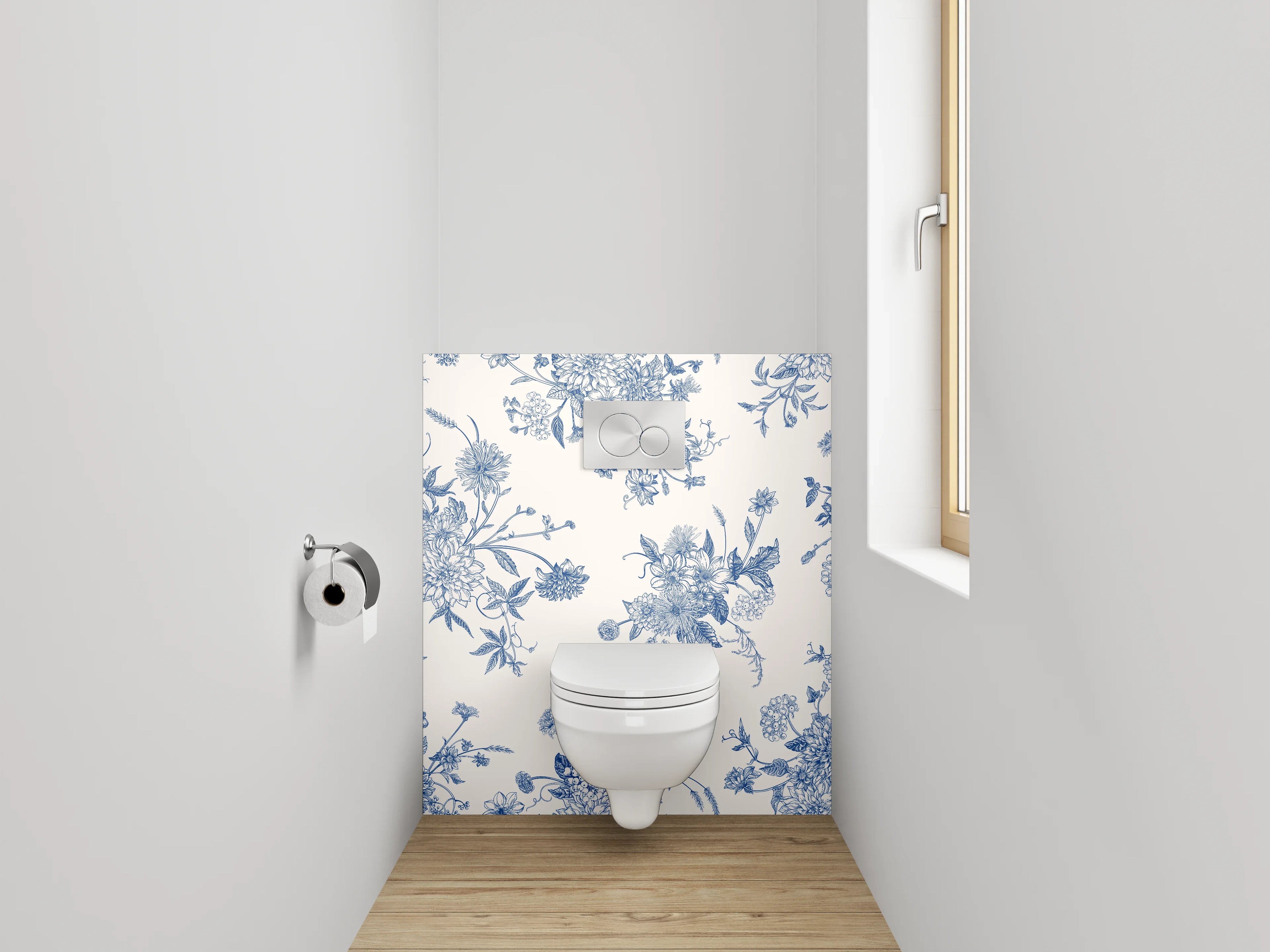 WC-Rückwand - Florales Toile-de-Jouy Muster Blau Weiß