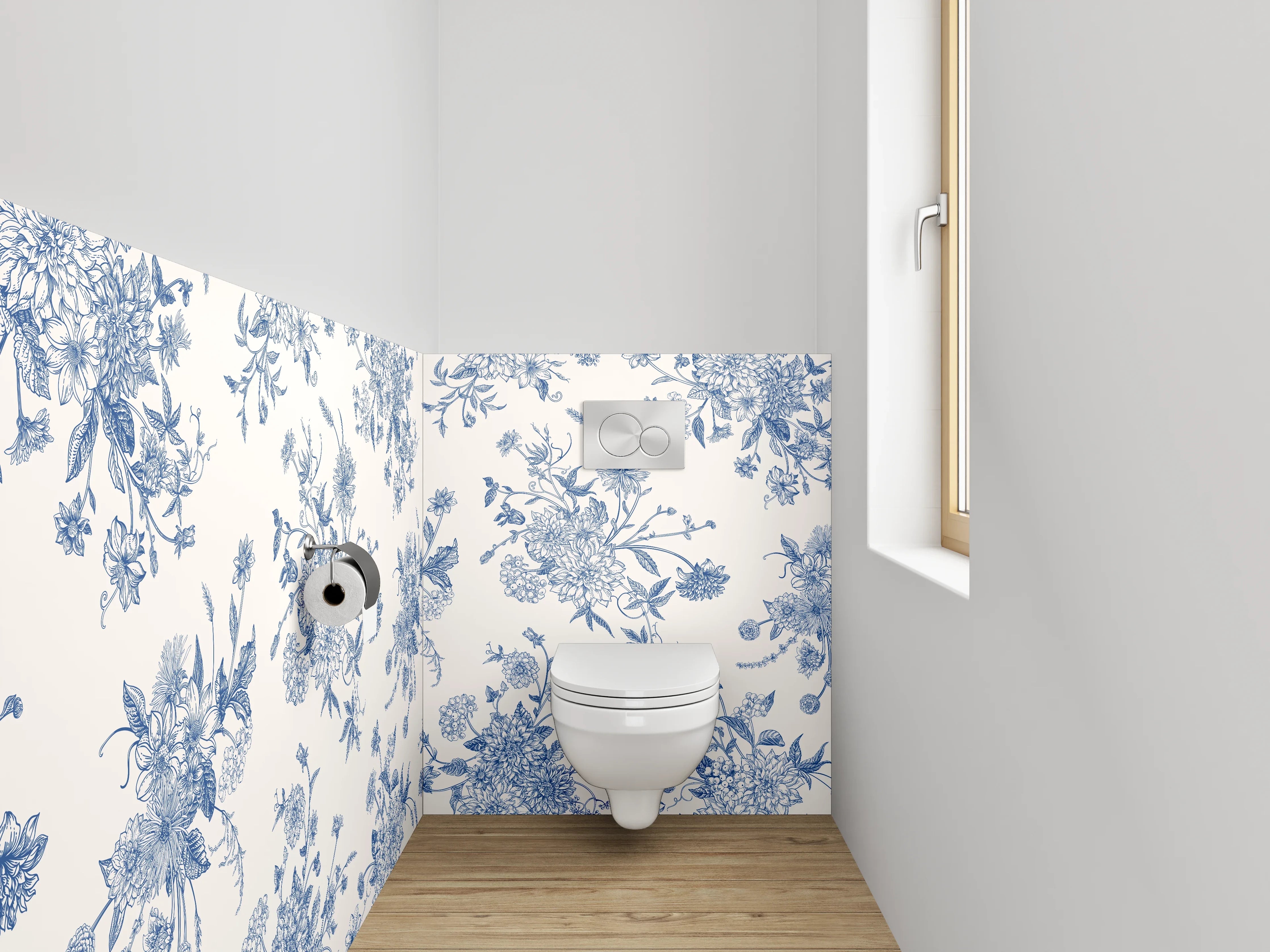 WC-Rückwand - Florales Toile-de-Jouy Muster Blau Weiß