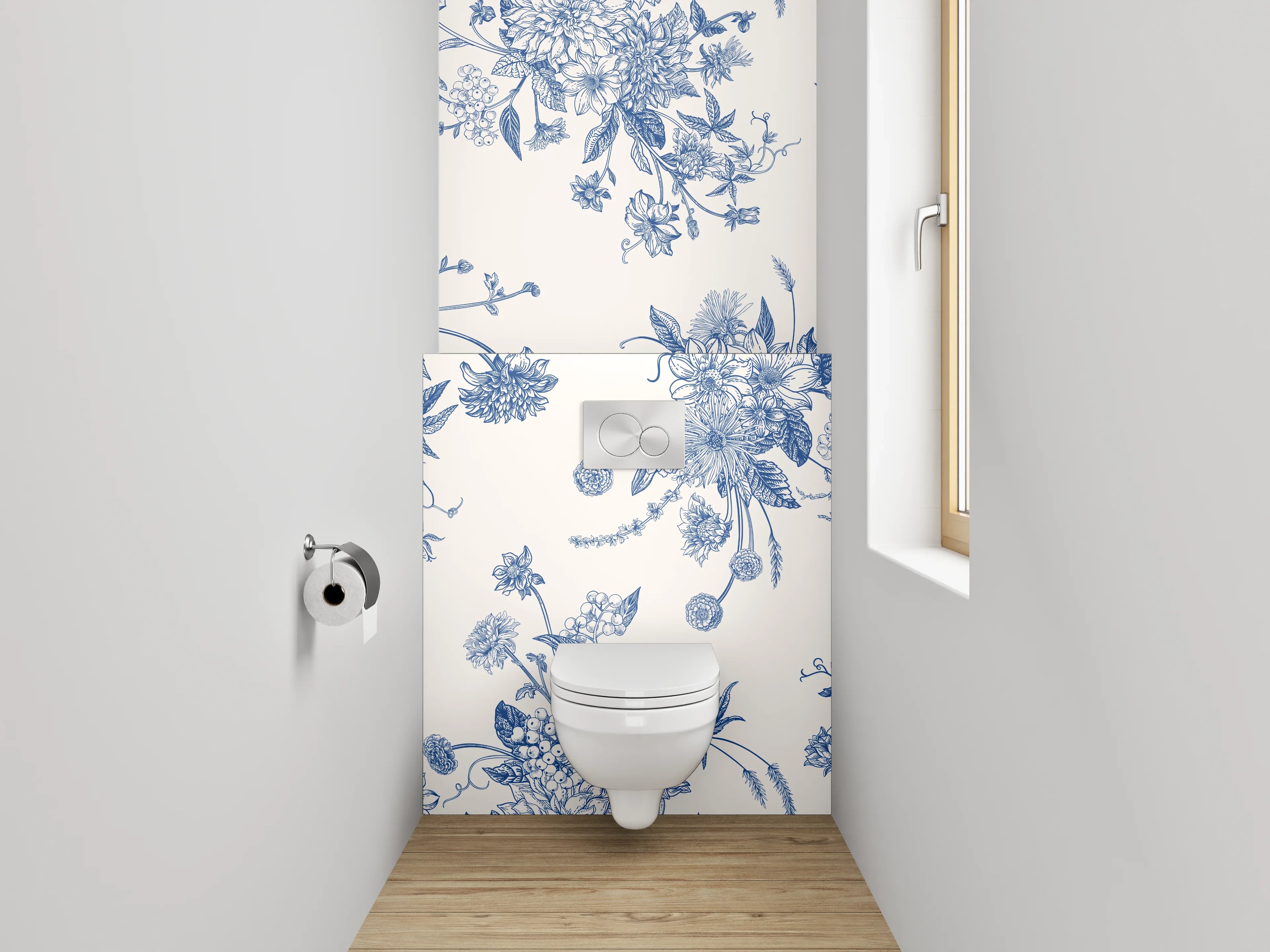 WC-Rückwand - Florales Toile-de-Jouy Muster Blau Weiß