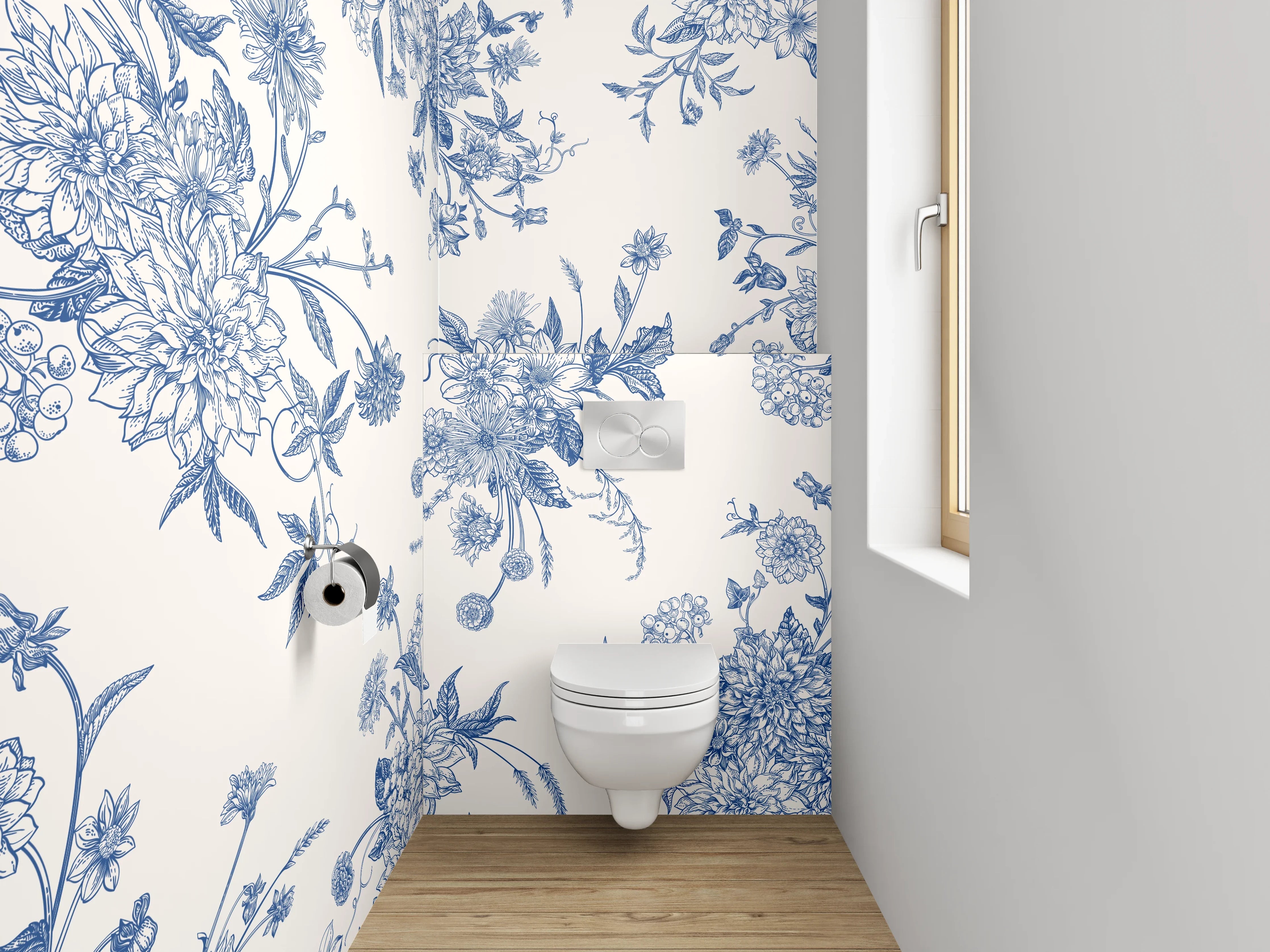 WC-Rückwand - Florales Toile-de-Jouy Muster Blau Weiß