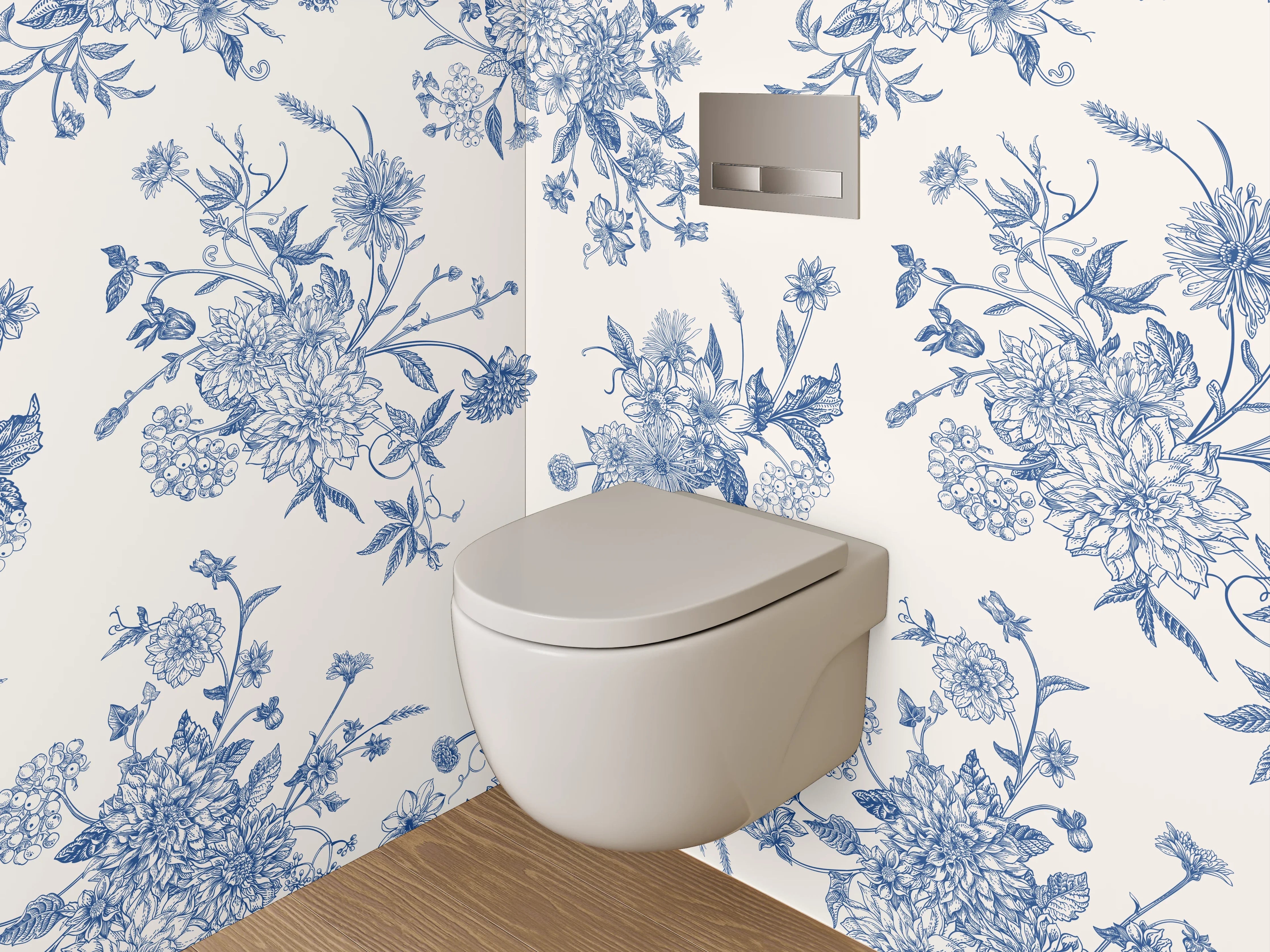 WC-Rückwand - Florales Toile-de-Jouy Muster Blau Weiß