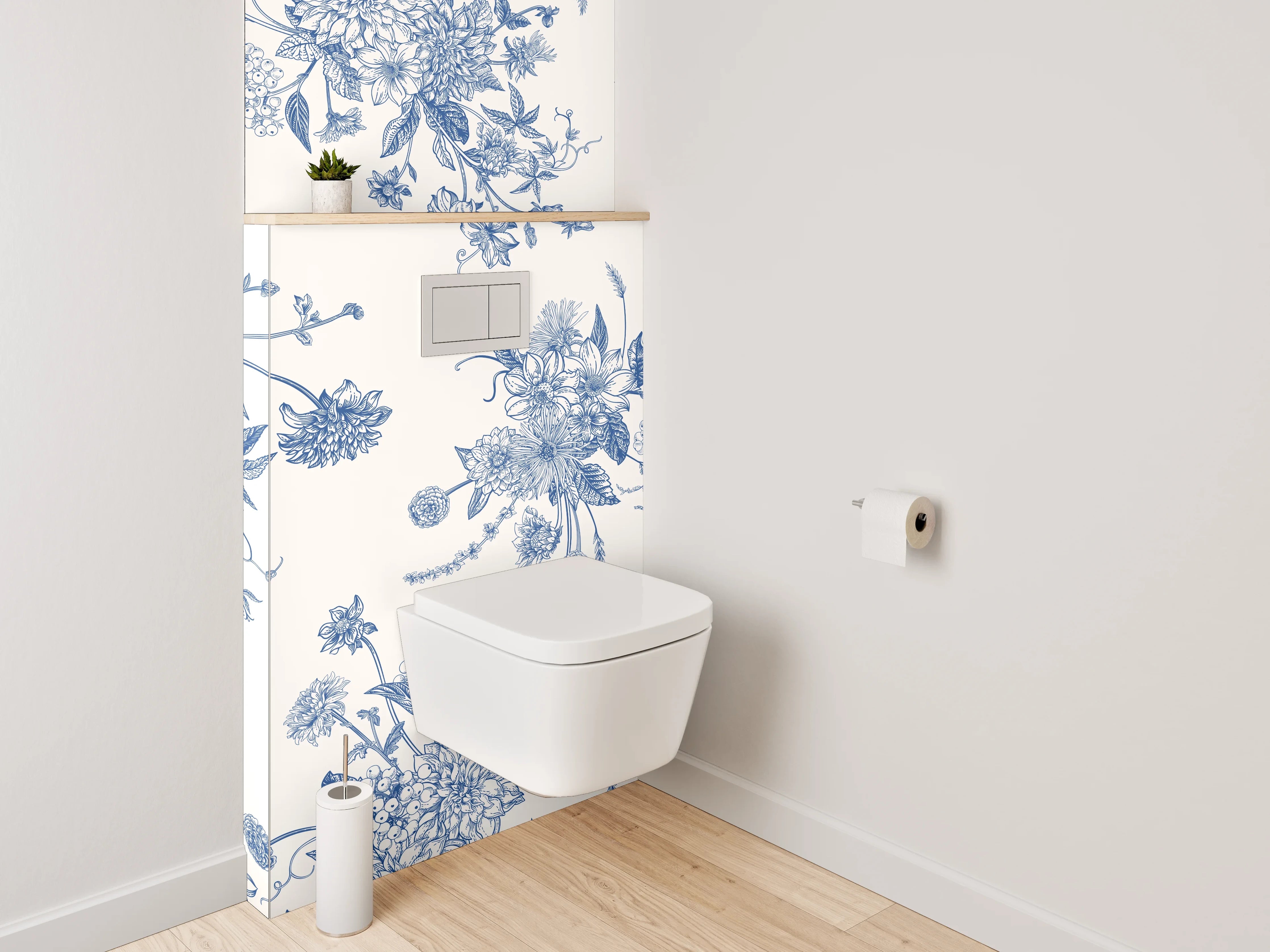WC-Rückwand - Florales Toile-de-Jouy Muster Blau Weiß
