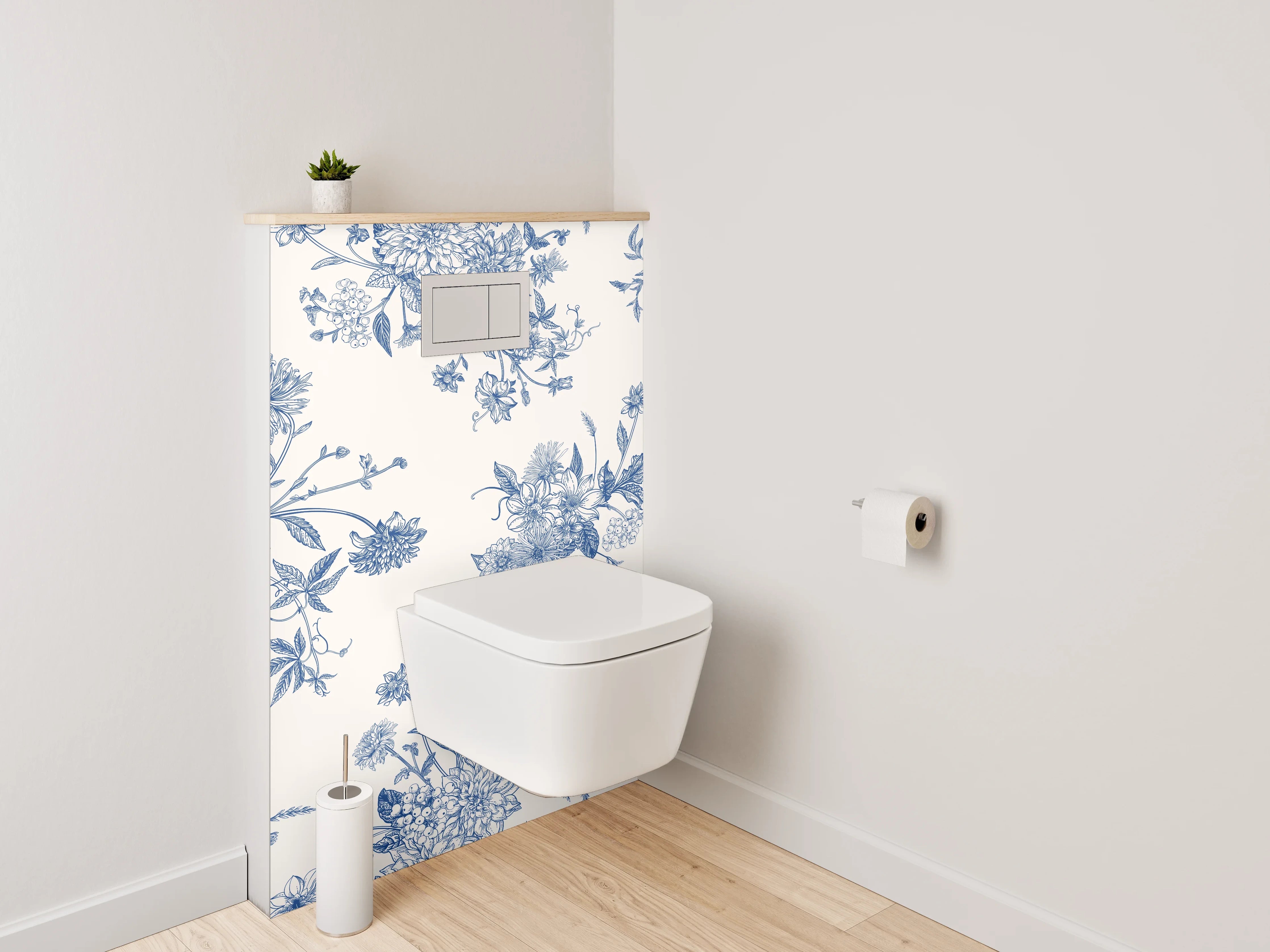 WC-Rückwand - Florales Toile-de-Jouy Muster Blau Weiß