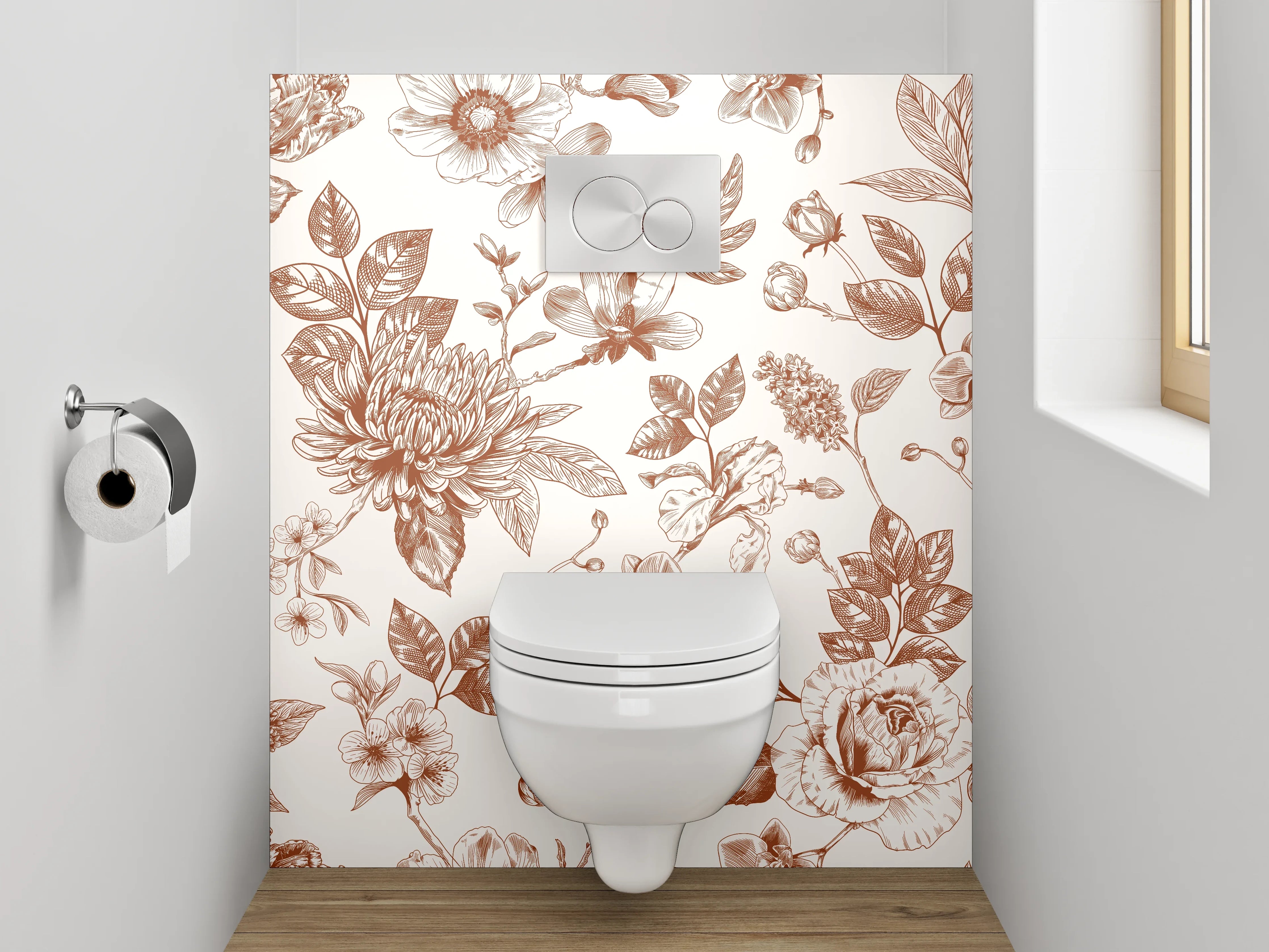 WC-Rückwand - Florales Vintage Blumenmuster in Beige-Braun