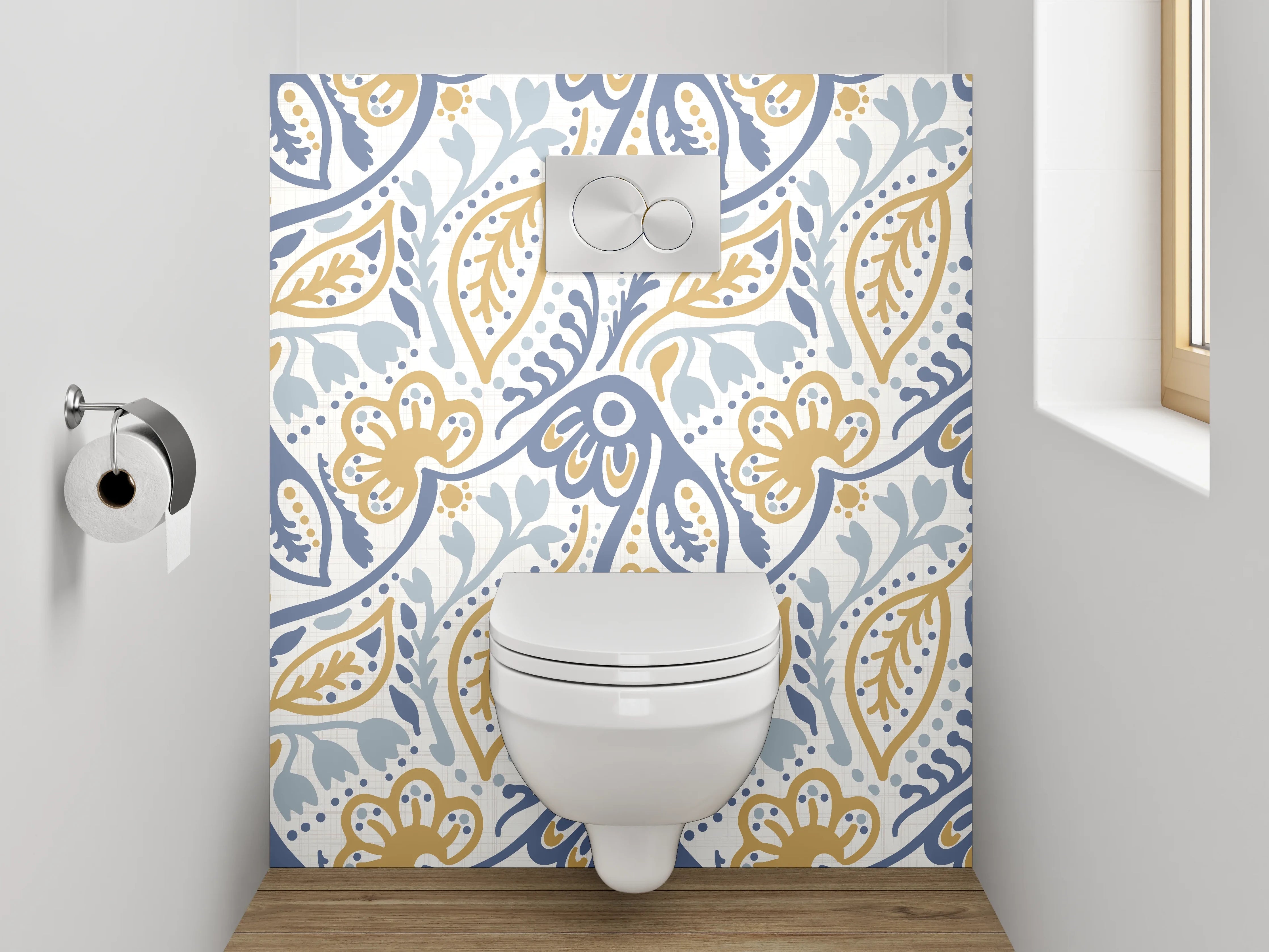 WC-Rückwand - Florales Vintage-Muster in Blau und Gelb