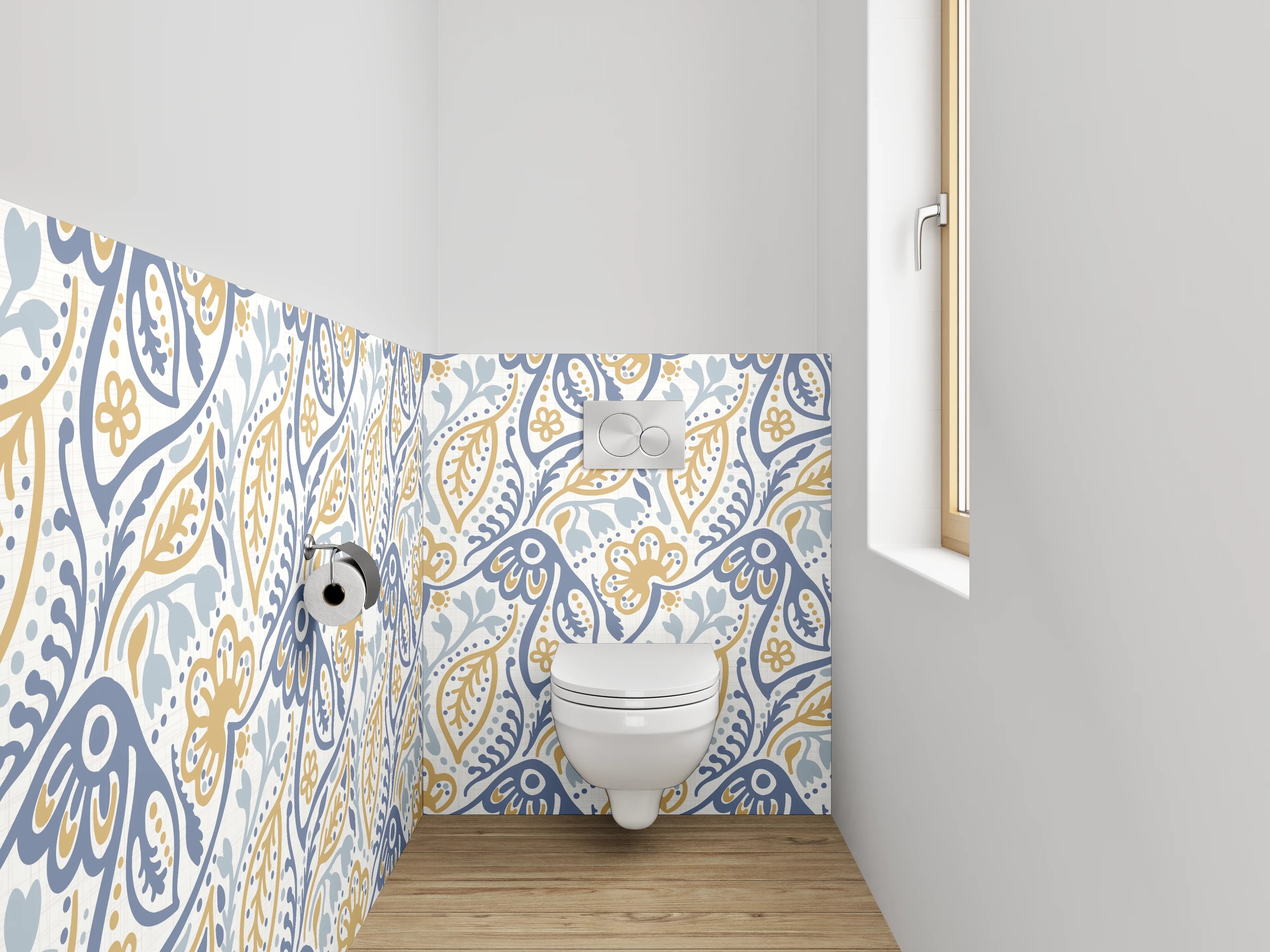 WC-Rückwand - Florales Vintage-Muster in Blau und Gelb
