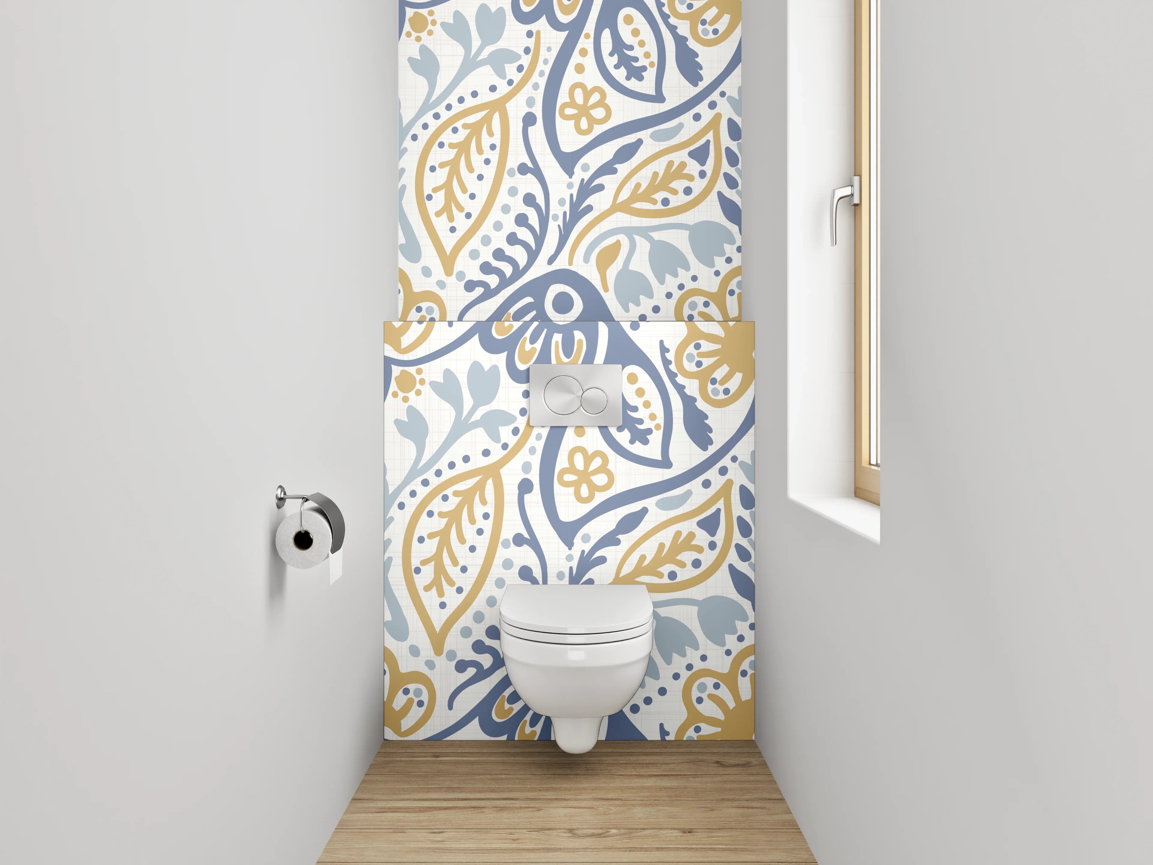 WC-Rückwand - Florales Vintage-Muster in Blau und Gelb