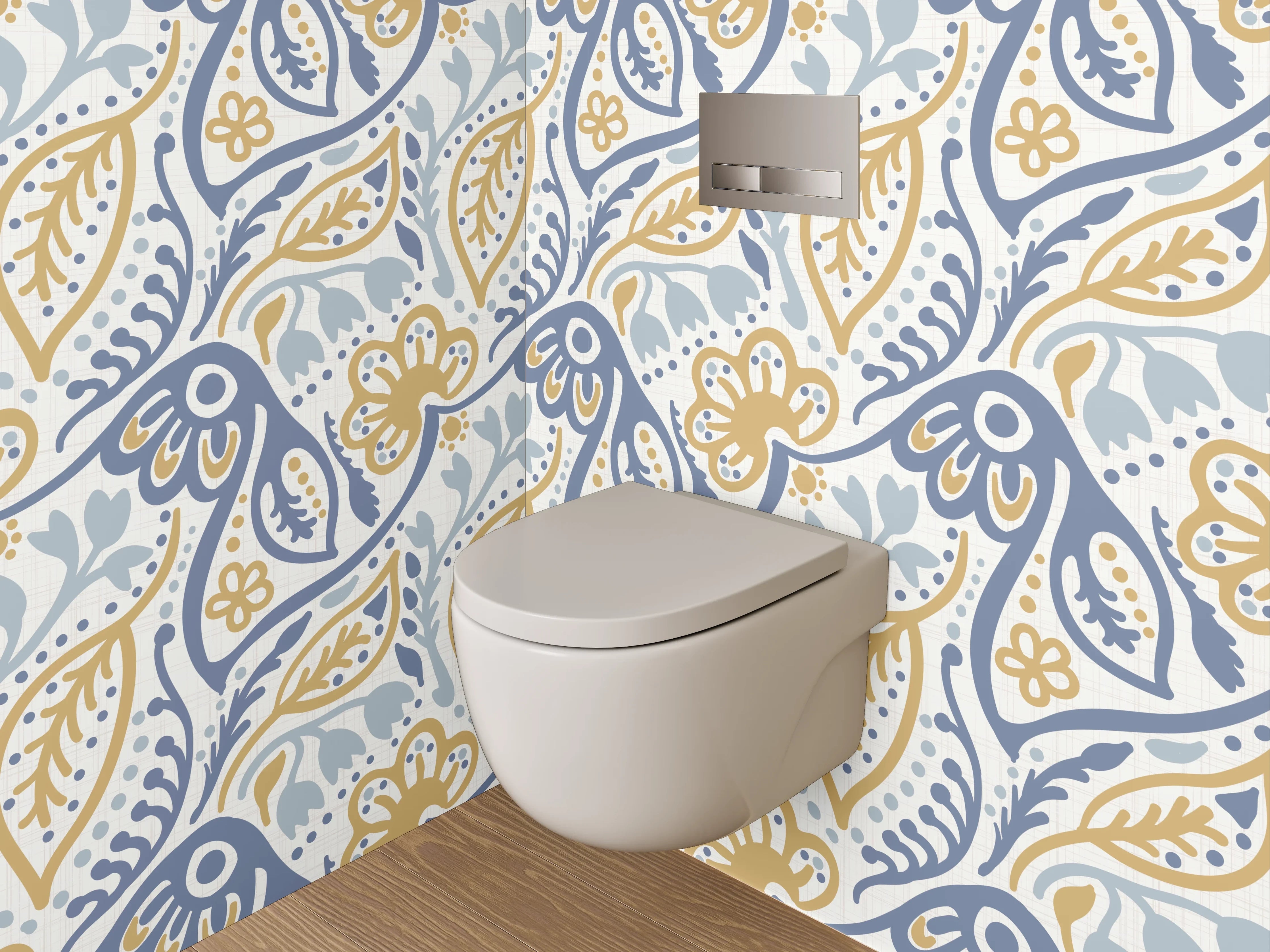 WC-Rückwand - Florales Vintage-Muster in Blau und Gelb