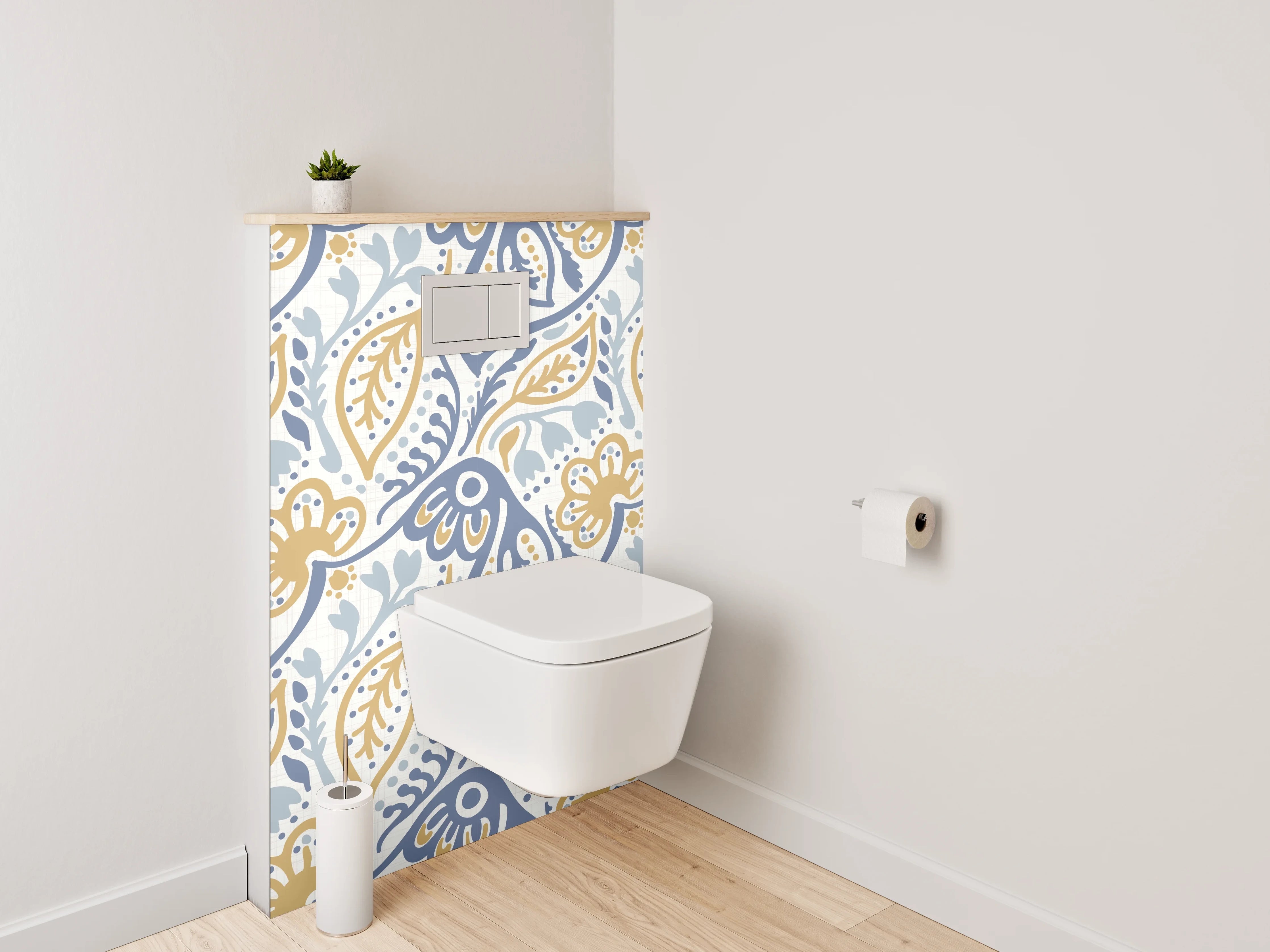 WC-Rückwand - Florales Vintage-Muster in Blau und Gelb