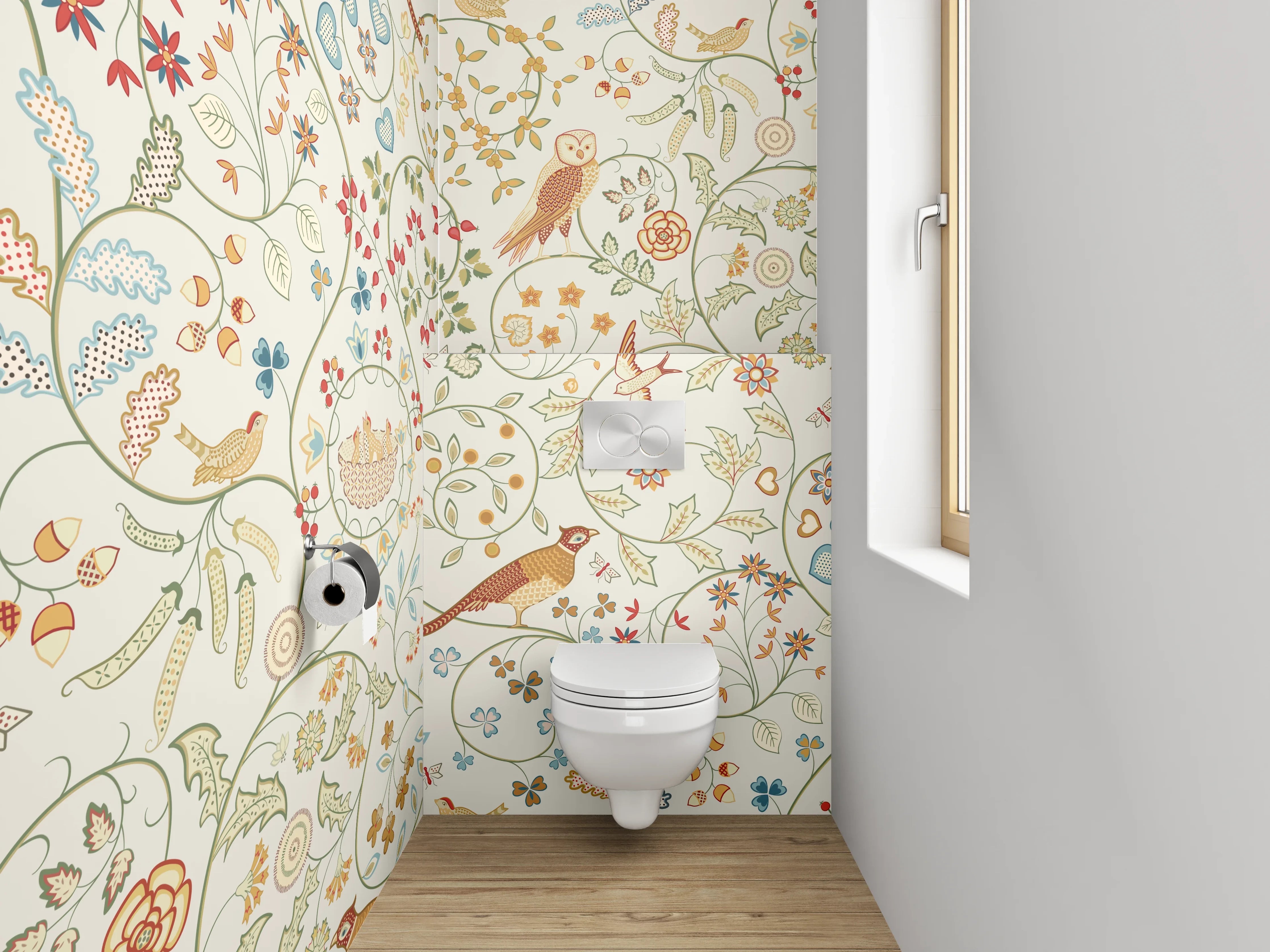 WC-Rückwand - Florales Vogelmuster Aquarell Tapete