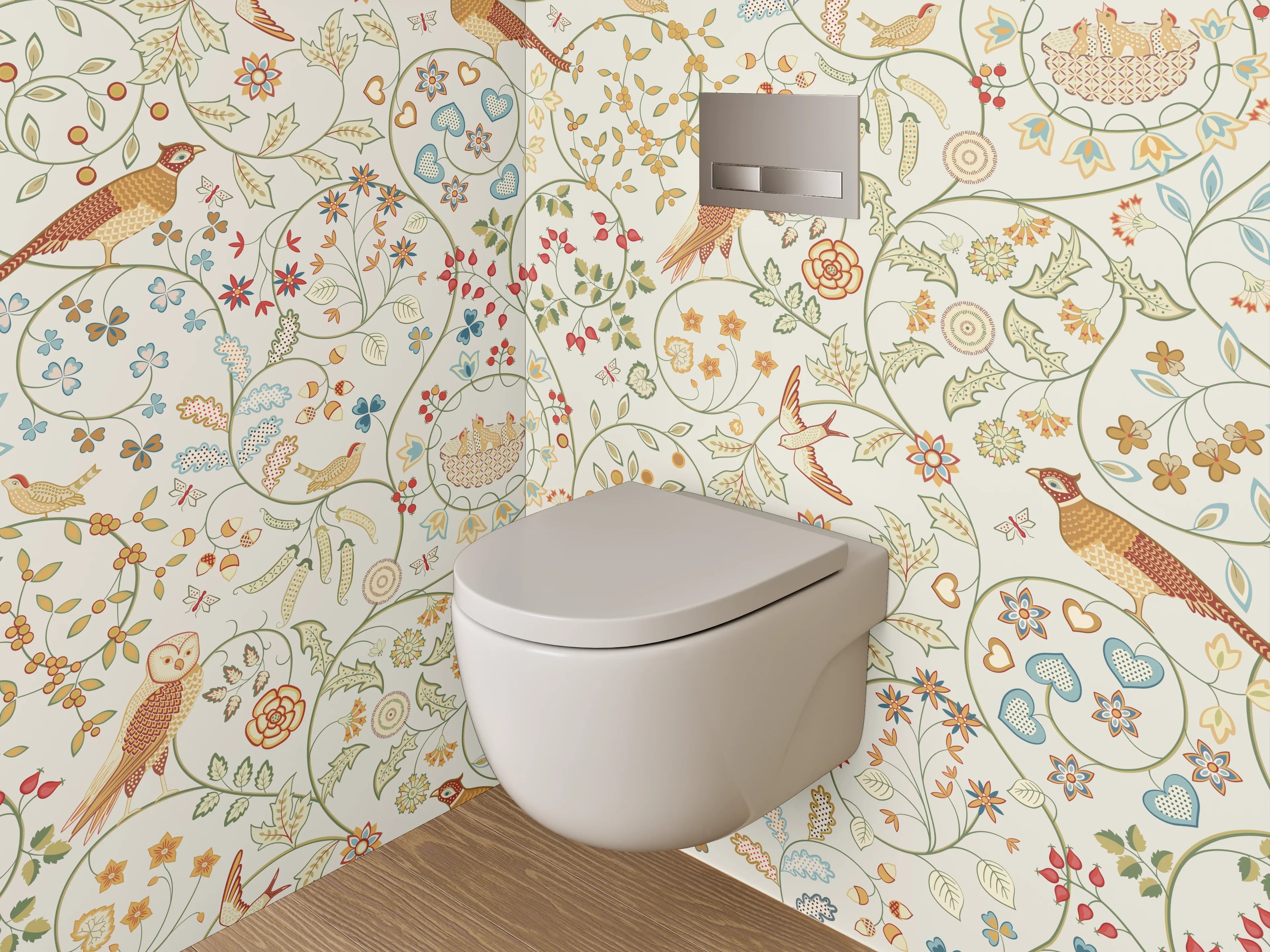 WC-Rückwand - Florales Vogelmuster Aquarell Tapete