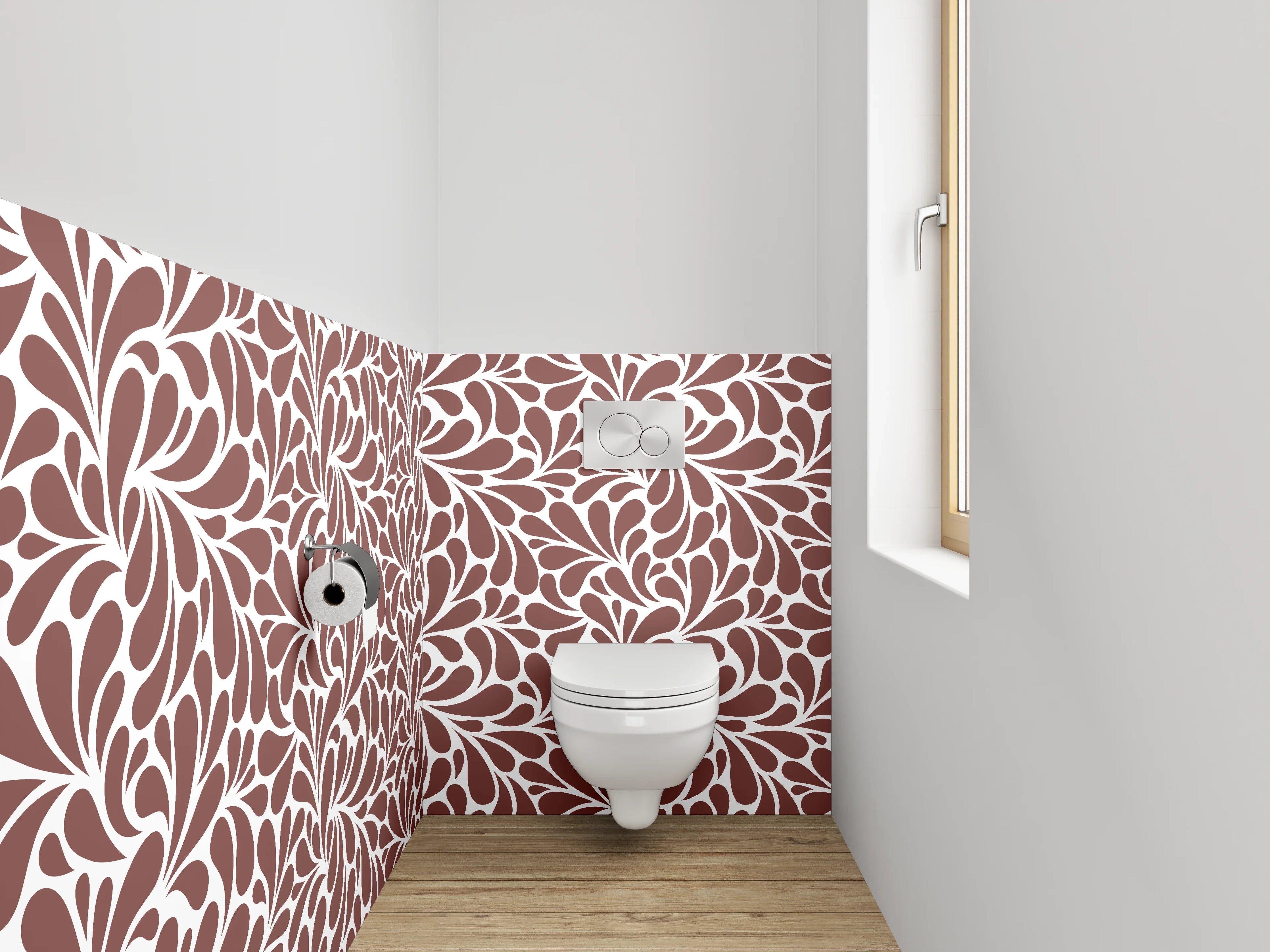 WC-Rückwand - Florales Wirbel-Muster Braun Weiß