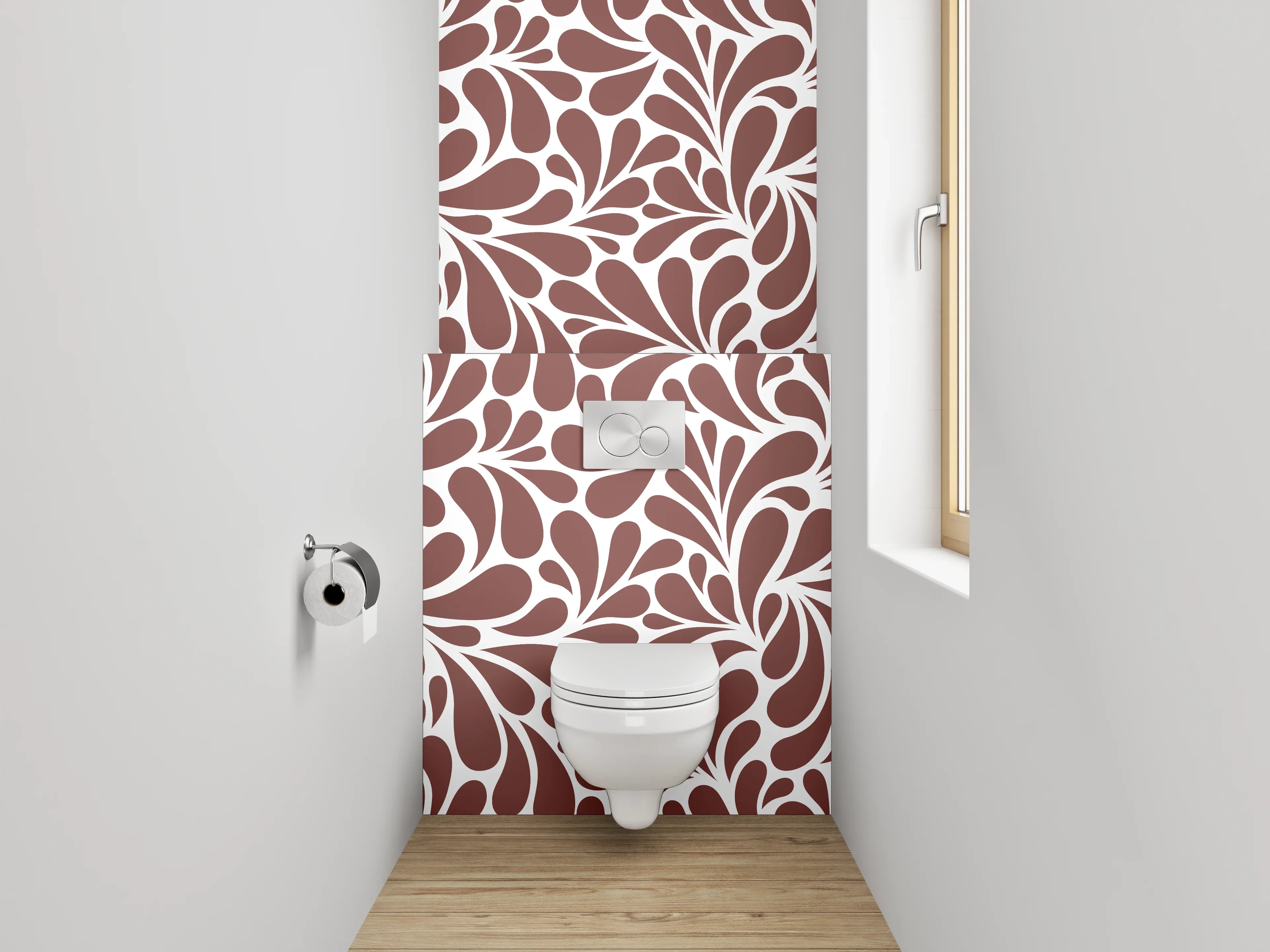 WC-Rückwand - Florales Wirbel-Muster Braun Weiß