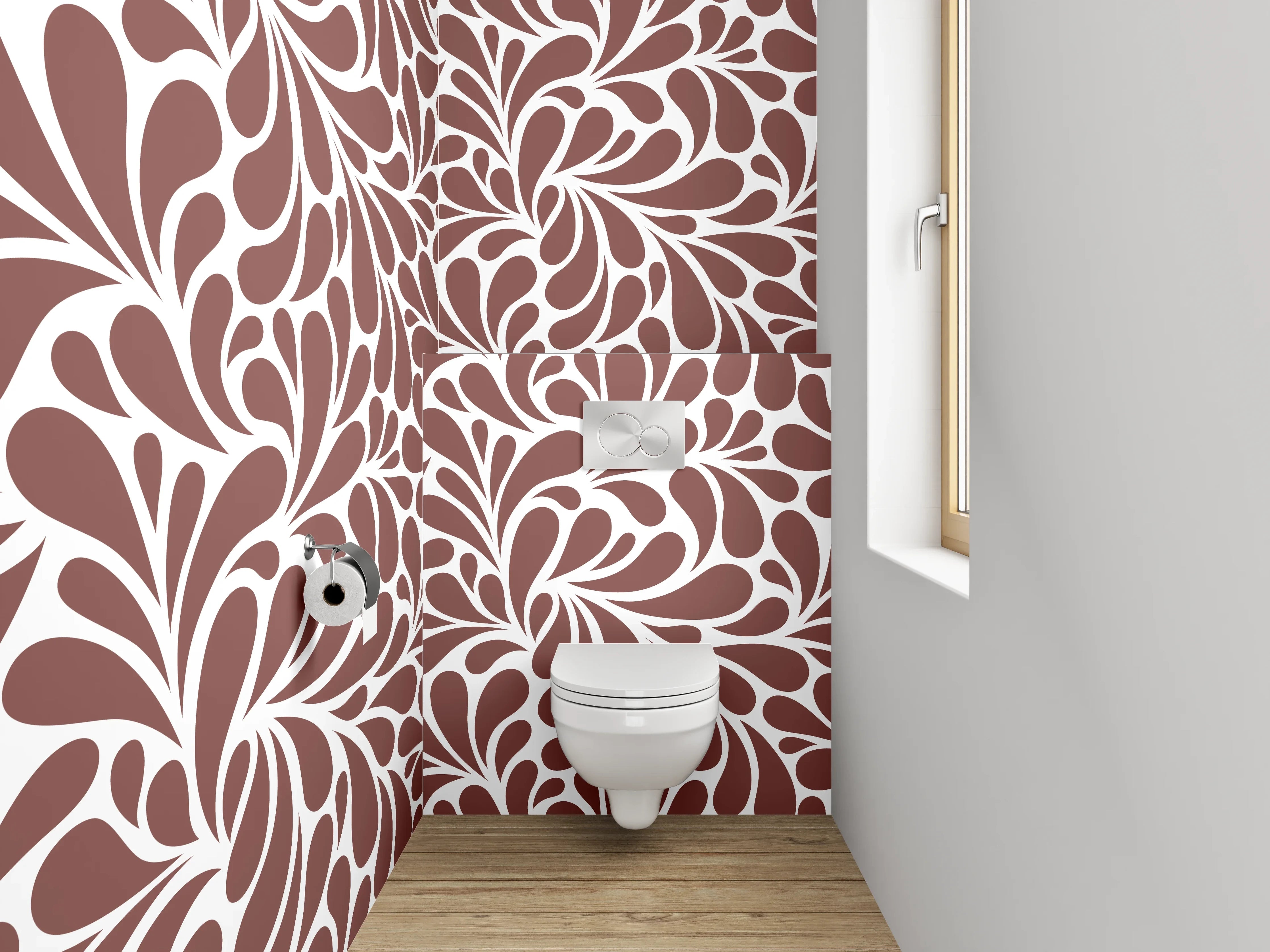 WC-Rückwand - Florales Wirbel-Muster Braun Weiß