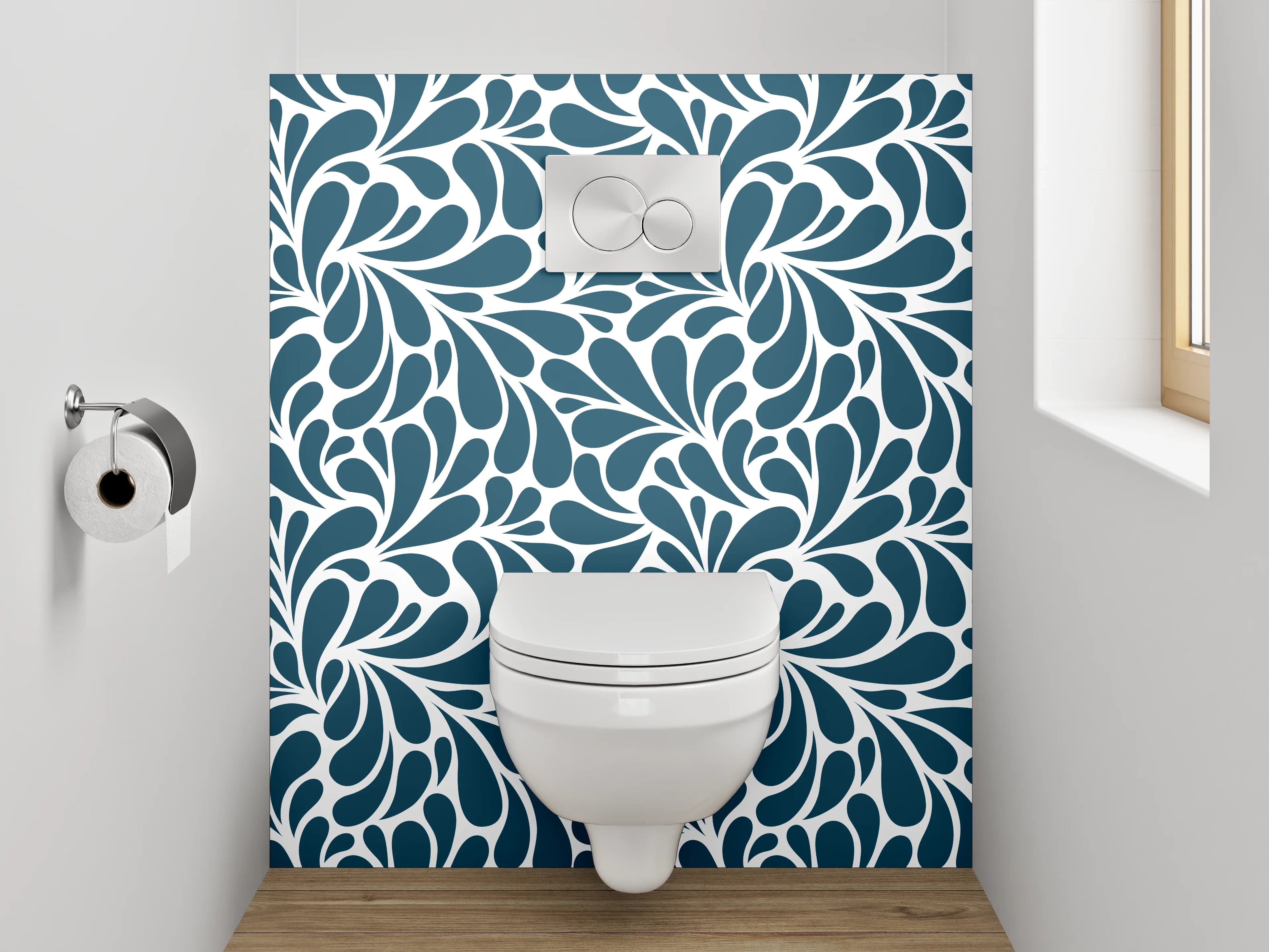 WC-Rückwand - Florales Wirbelmuster in Blau-Weiß