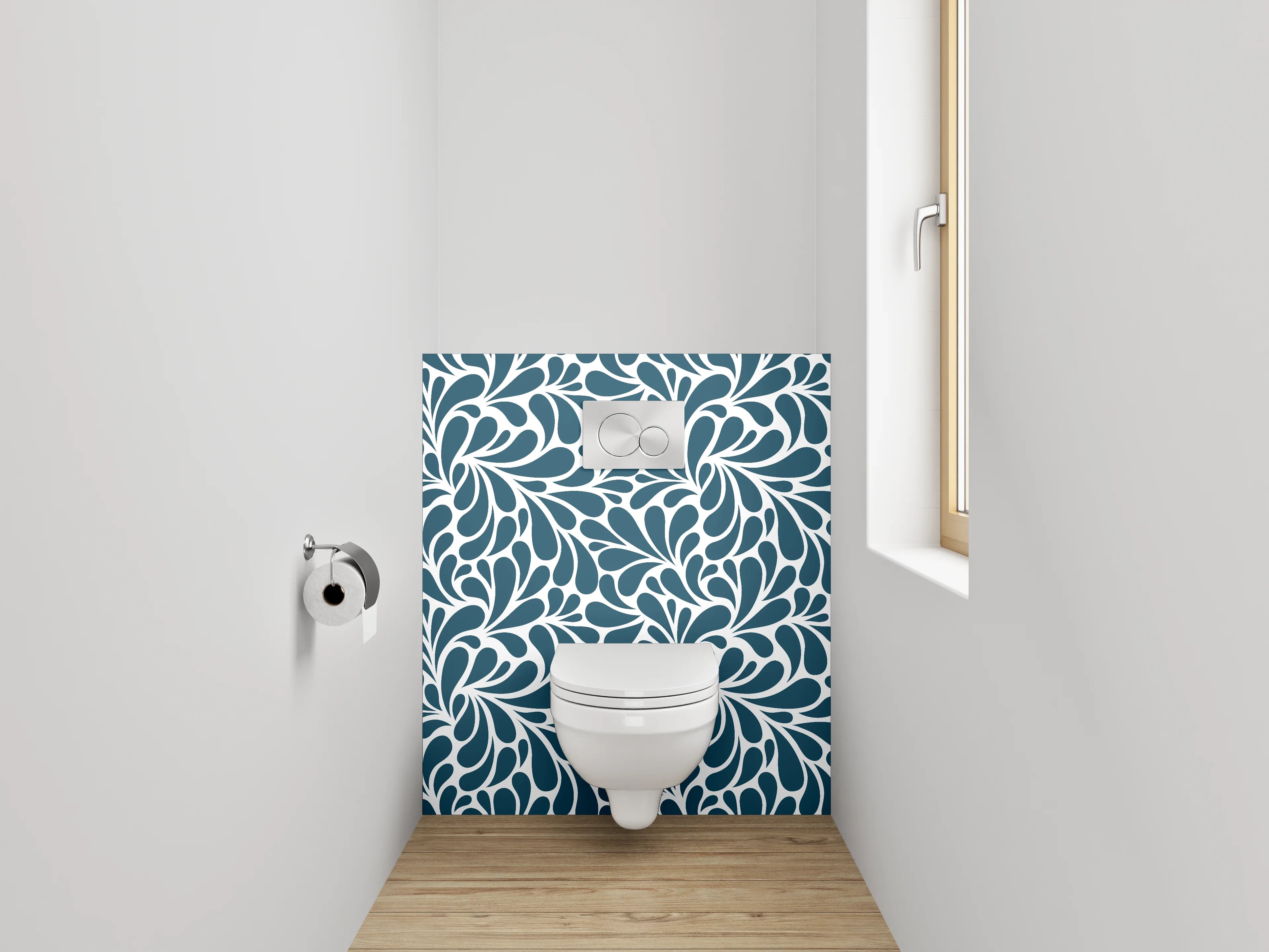 WC-Rückwand - Florales Wirbelmuster in Blau-Weiß
