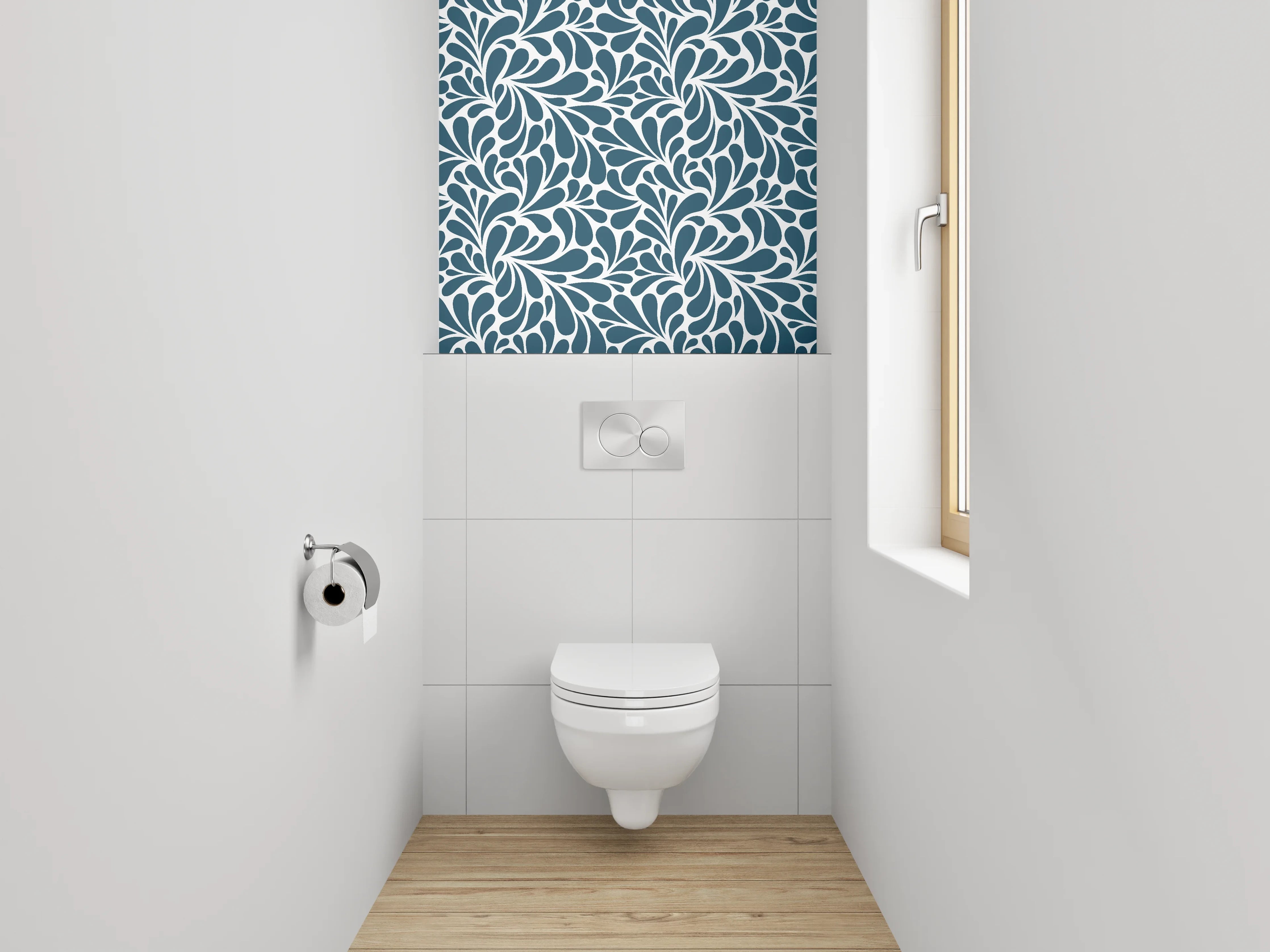 WC-Rückwand - Florales Wirbelmuster in Blau-Weiß
