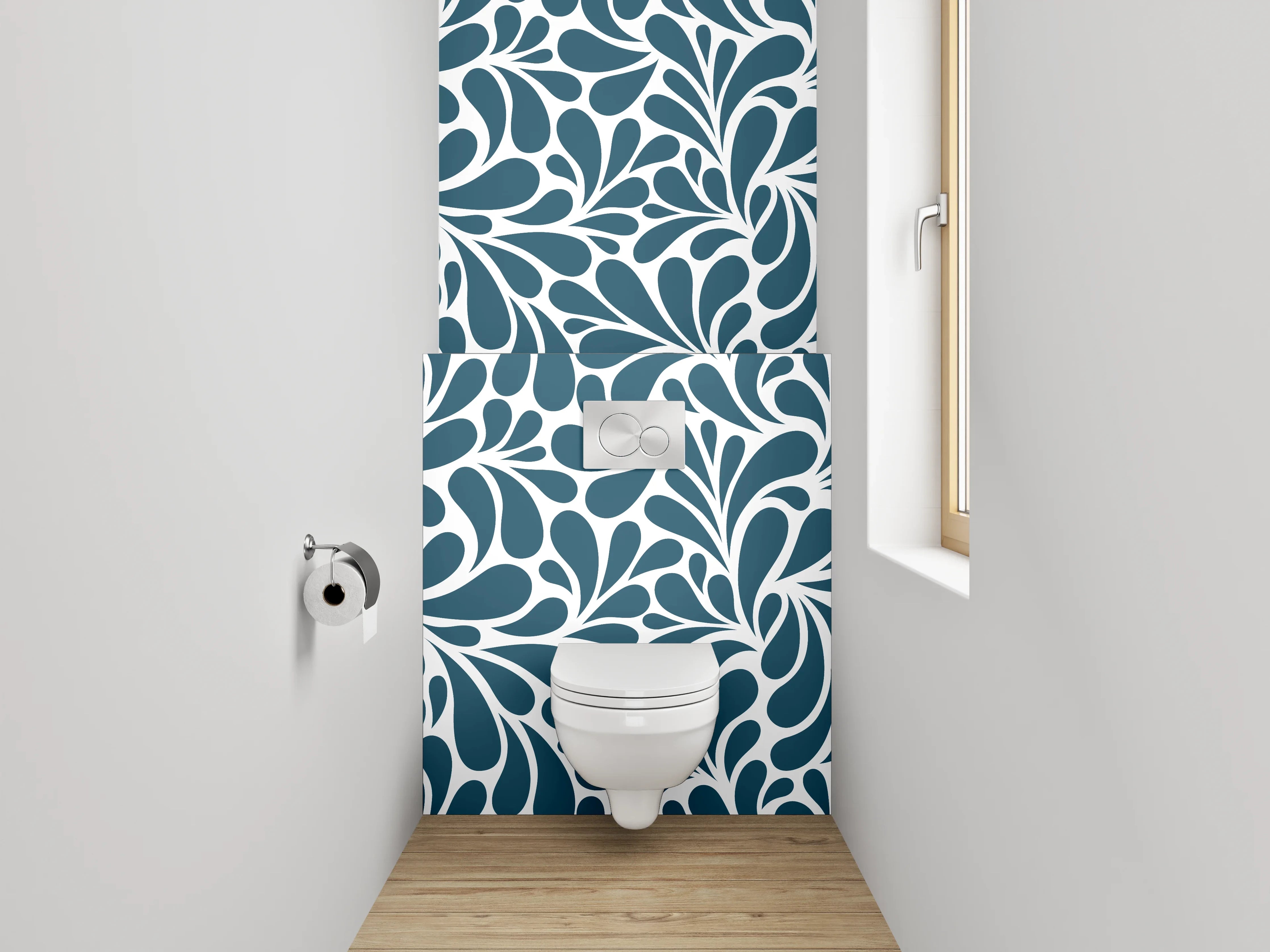 WC-Rückwand - Florales Wirbelmuster in Blau-Weiß
