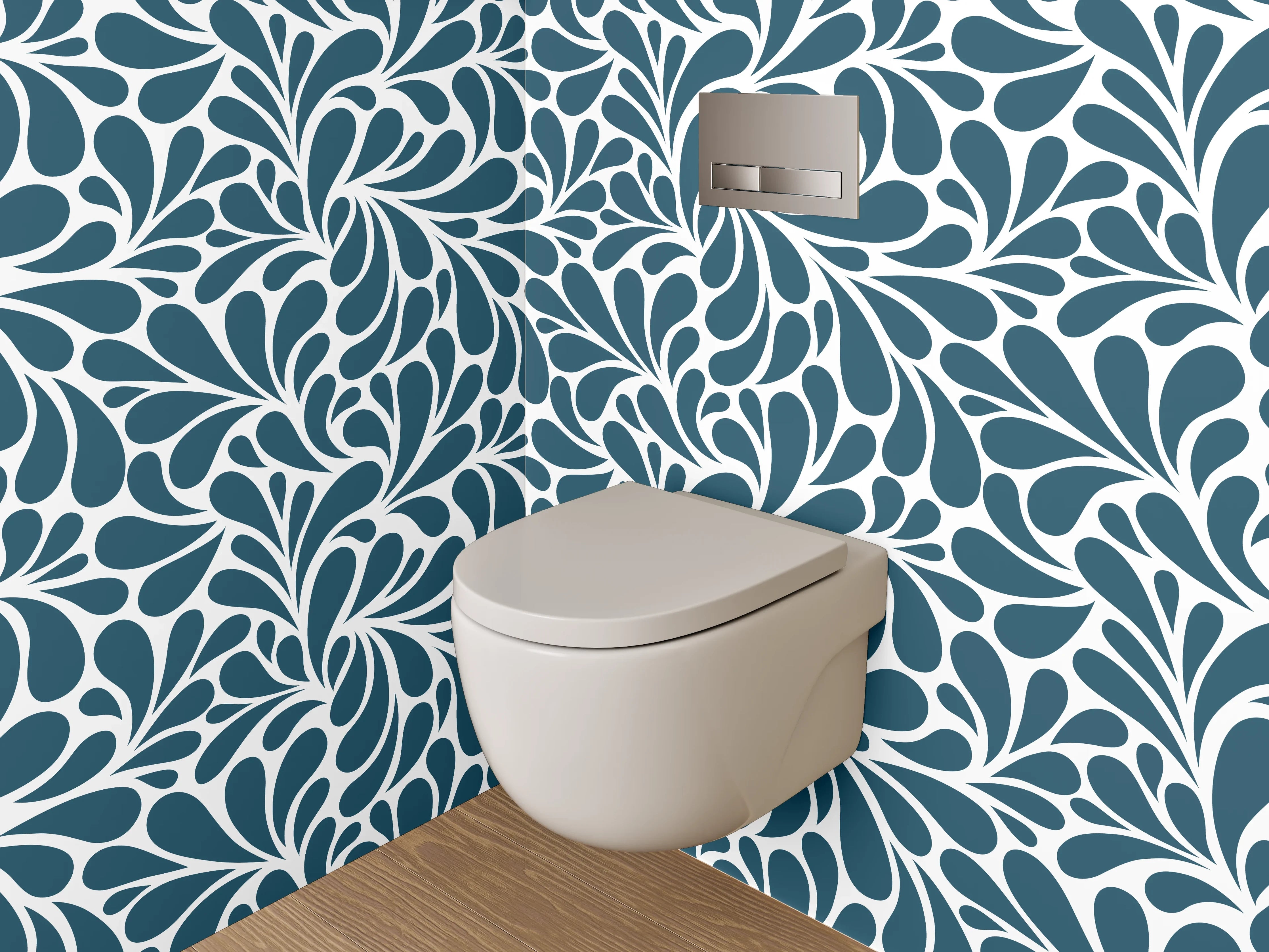 WC-Rückwand - Florales Wirbelmuster in Blau-Weiß