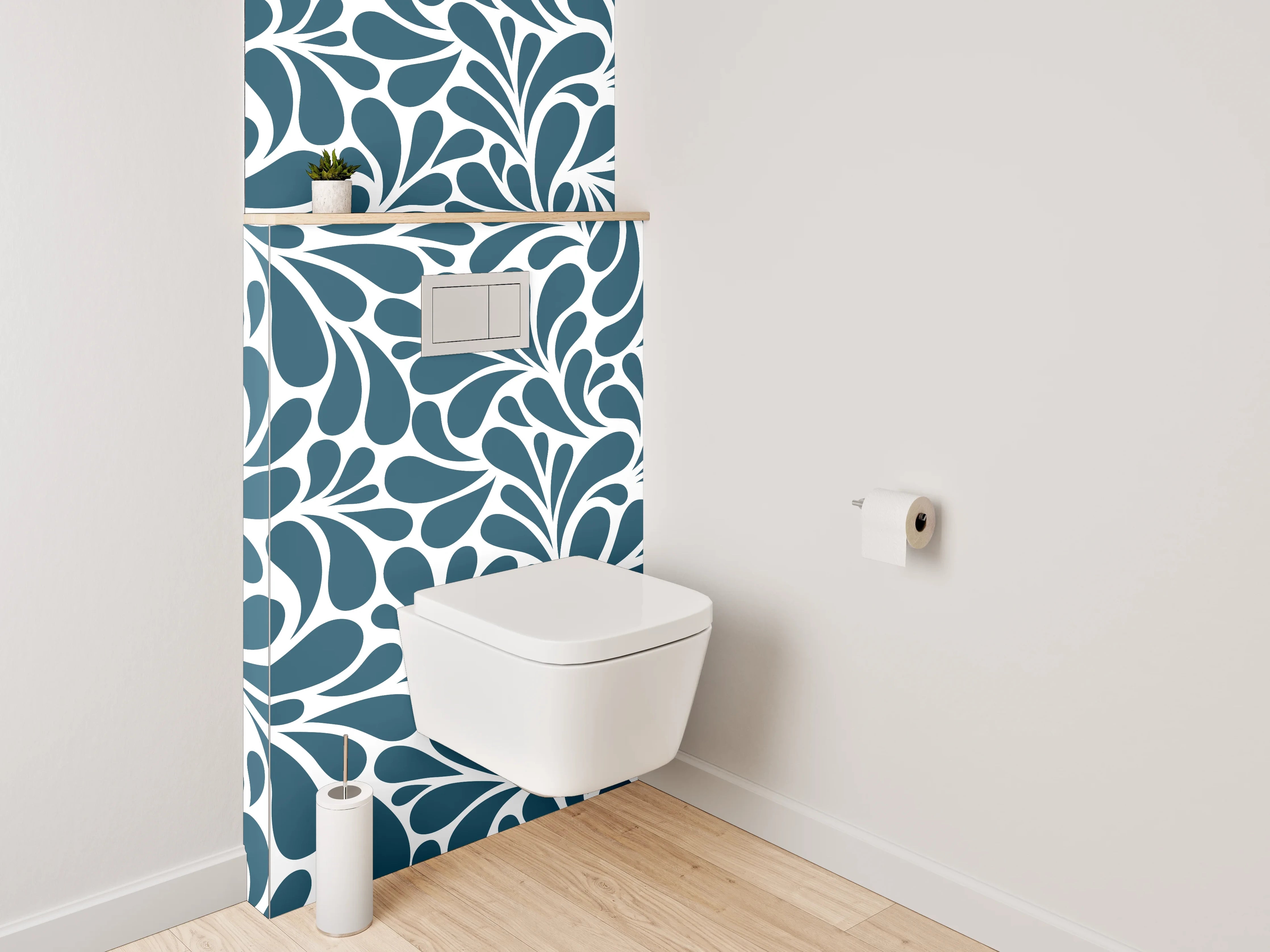 WC-Rückwand - Florales Wirbelmuster in Blau-Weiß