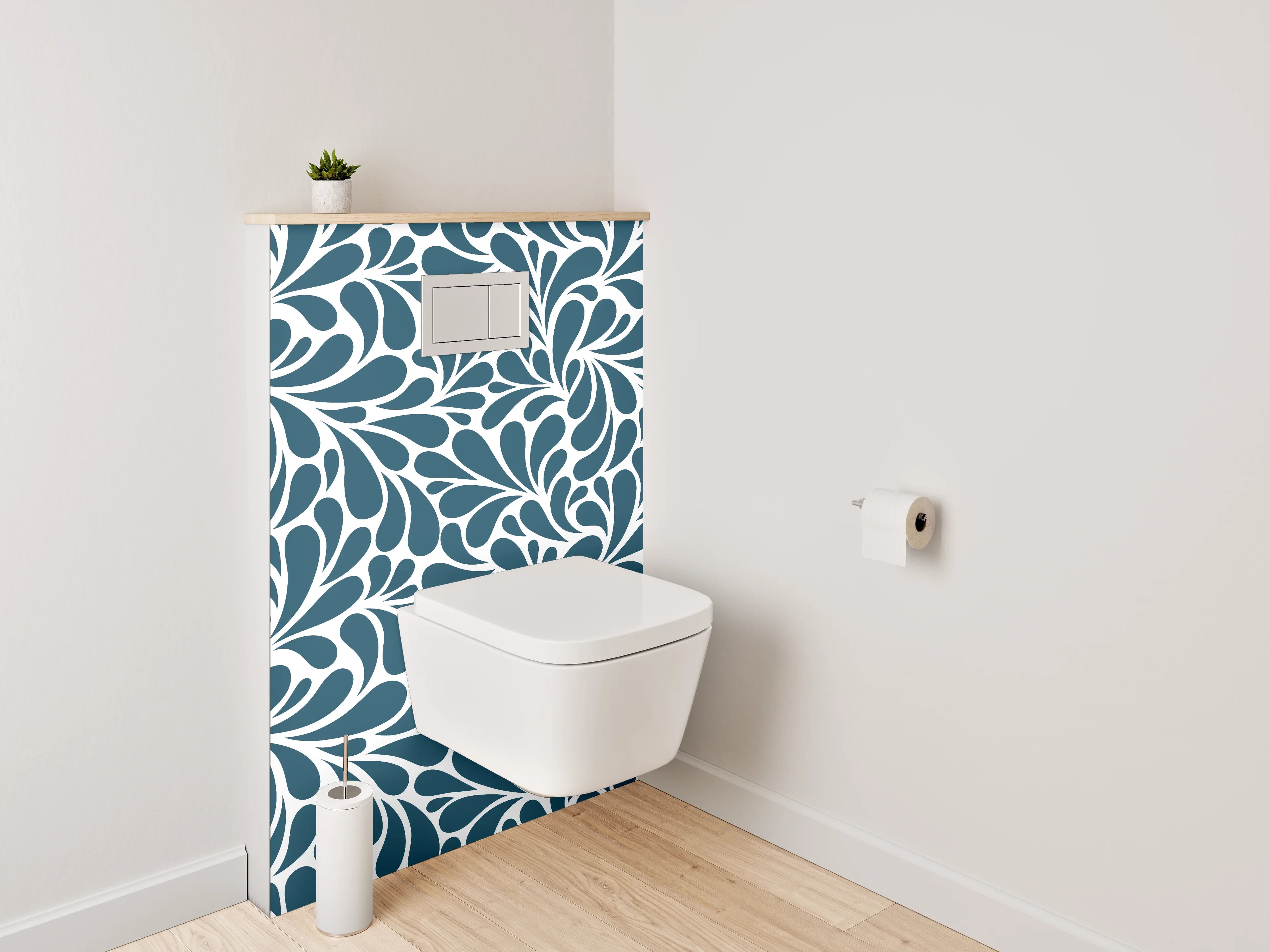 WC-Rückwand - Florales Wirbelmuster in Blau-Weiß