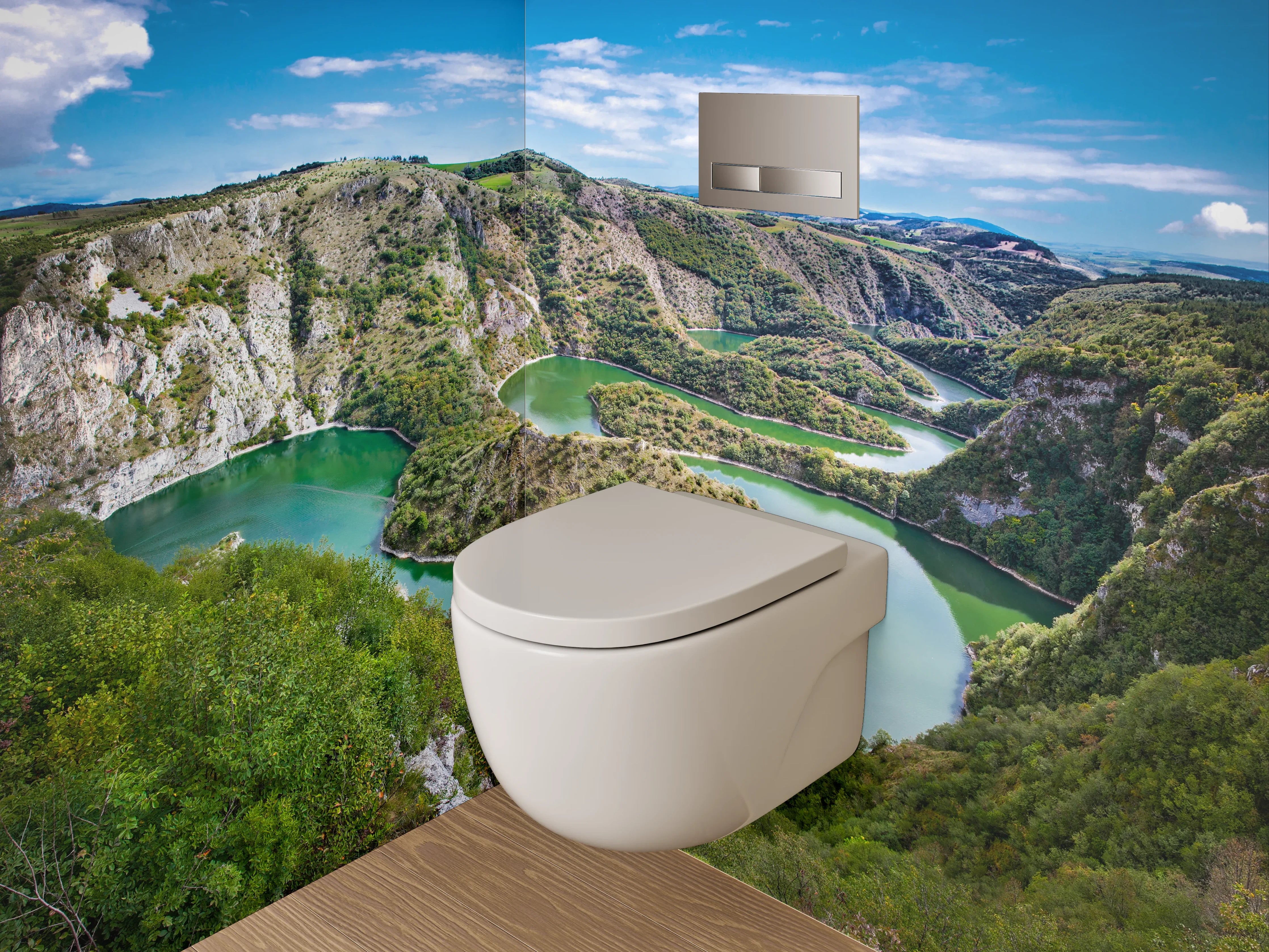 WC-Rückwand - Flusslandschaft mit grünen Hügeln