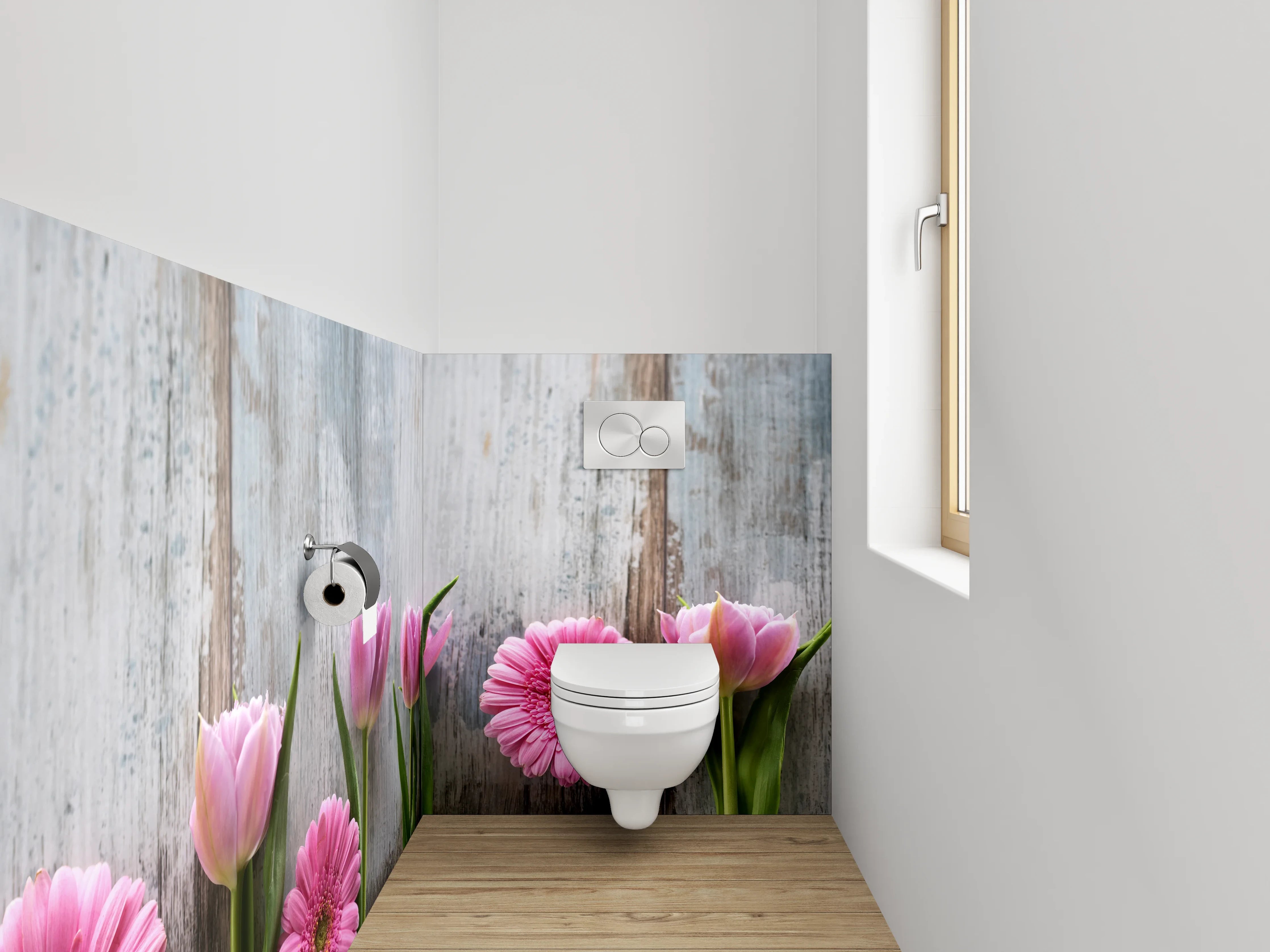 WC-Rückwand - Frische Blumen auf Holzoptik
