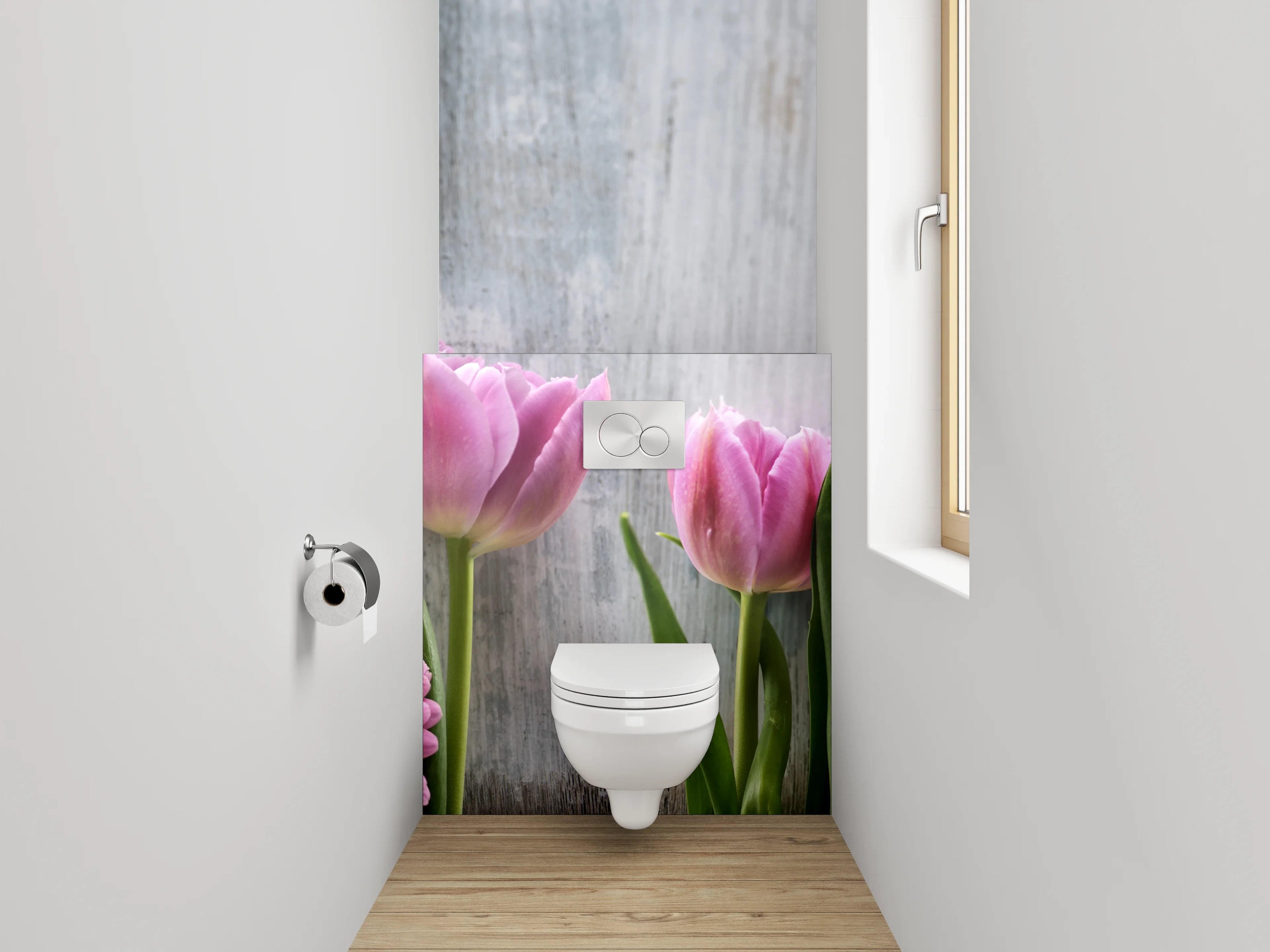 WC-Rückwand - Frische Blumen auf Holzoptik