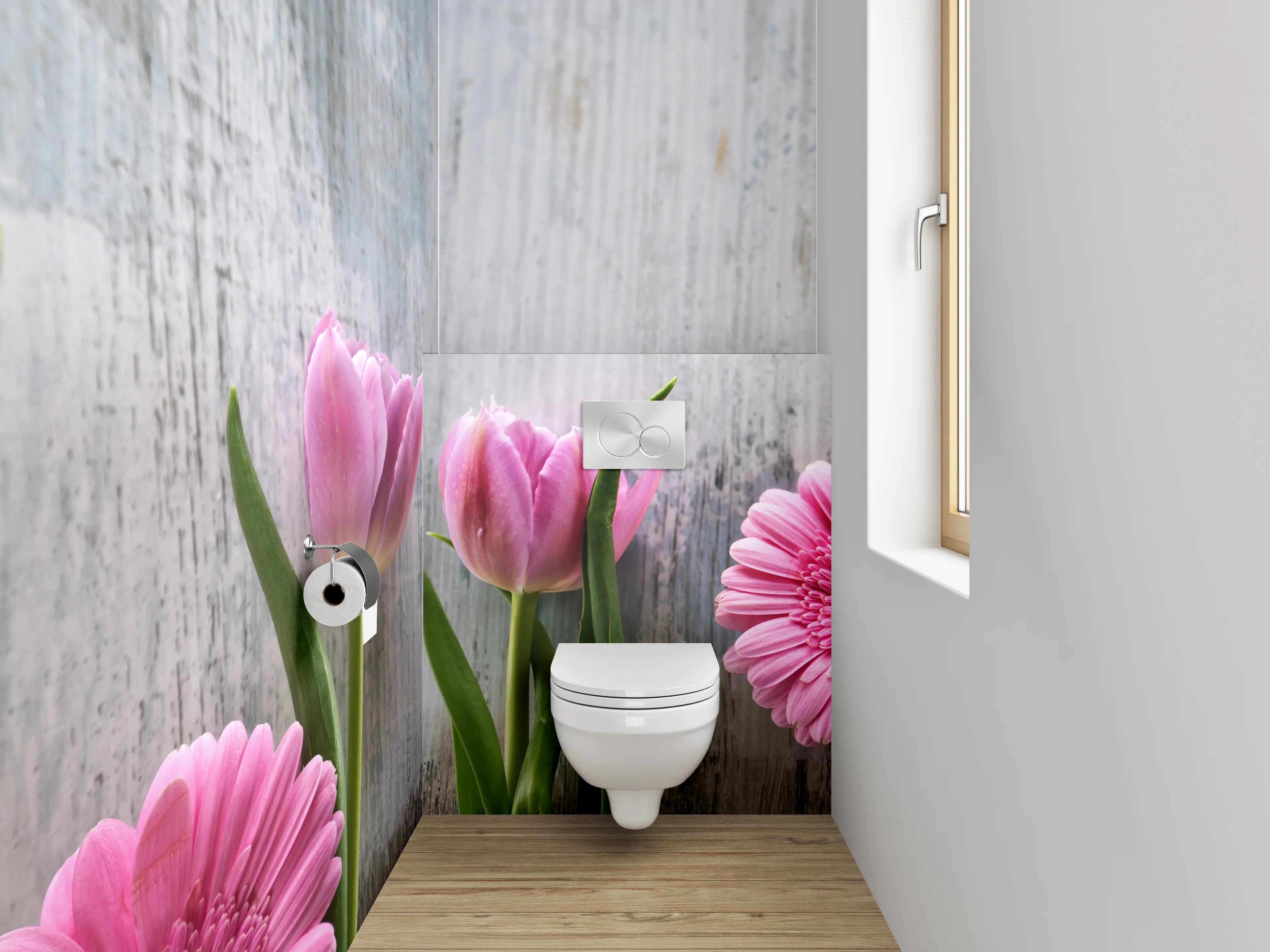 WC-Rückwand - Frische Blumen auf Holzoptik