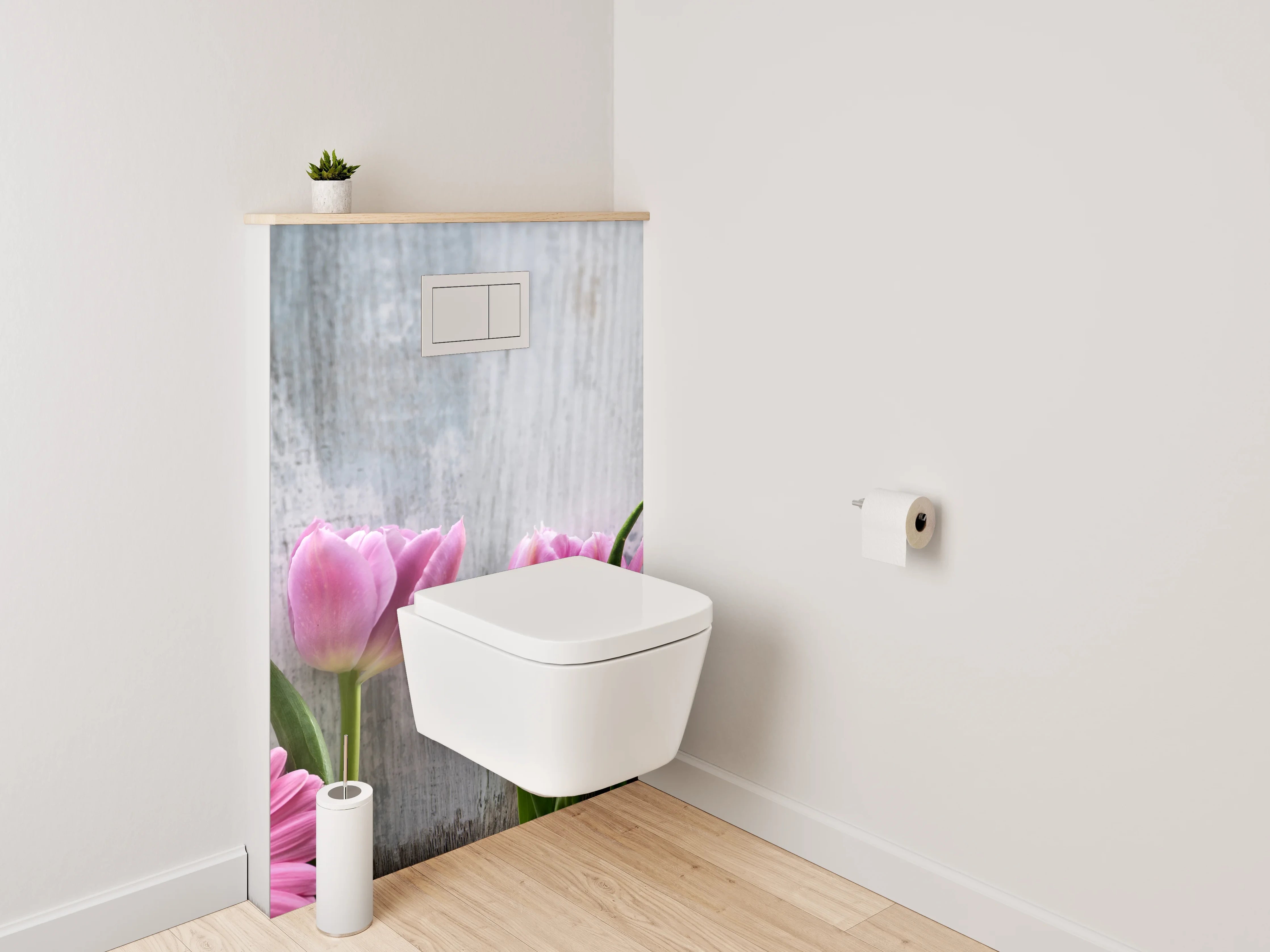 WC-Rückwand - Frische Blumen auf Holzoptik