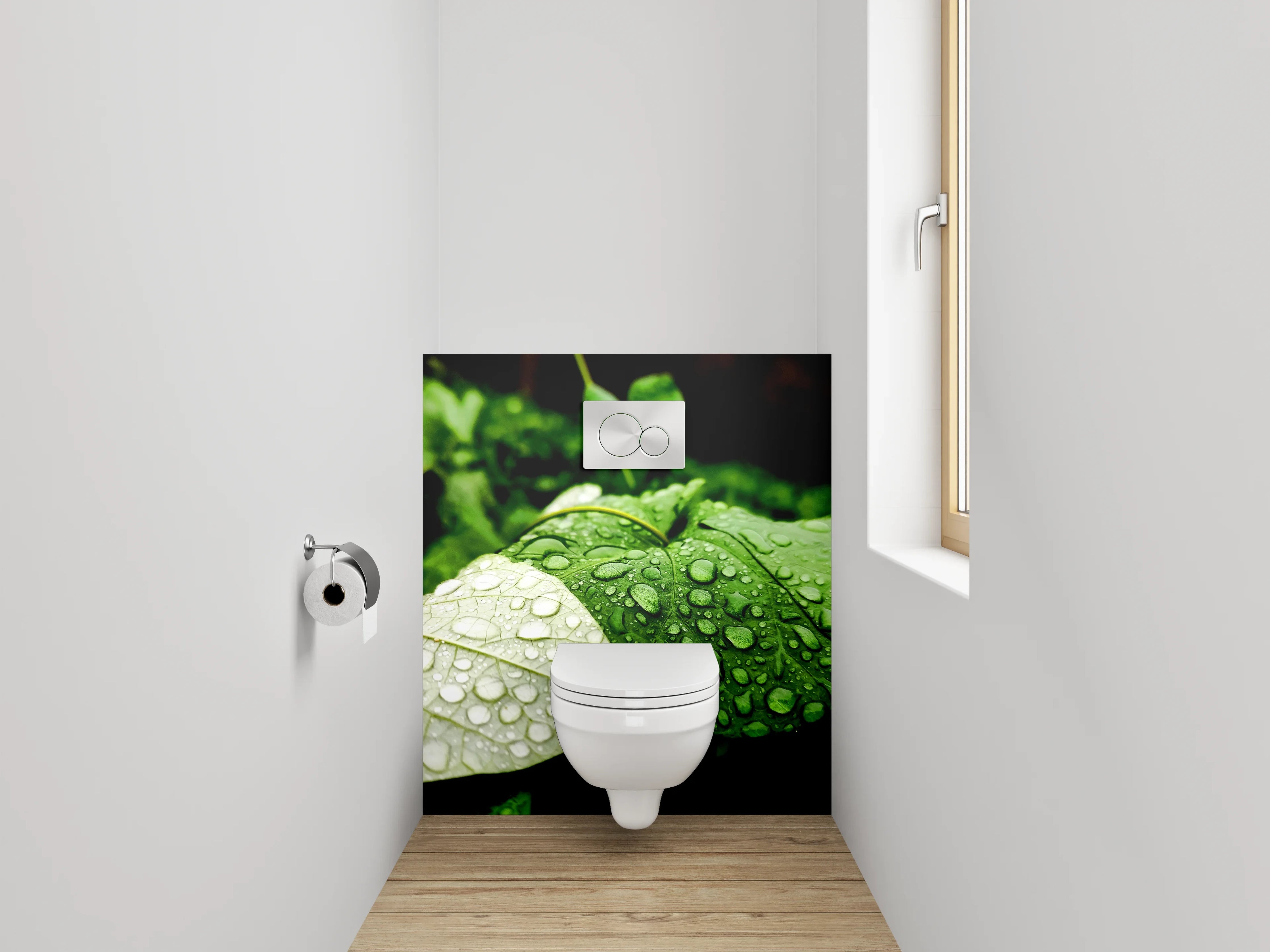 WC-Rückwand - Frische grüne Blätter mit Regentropfen