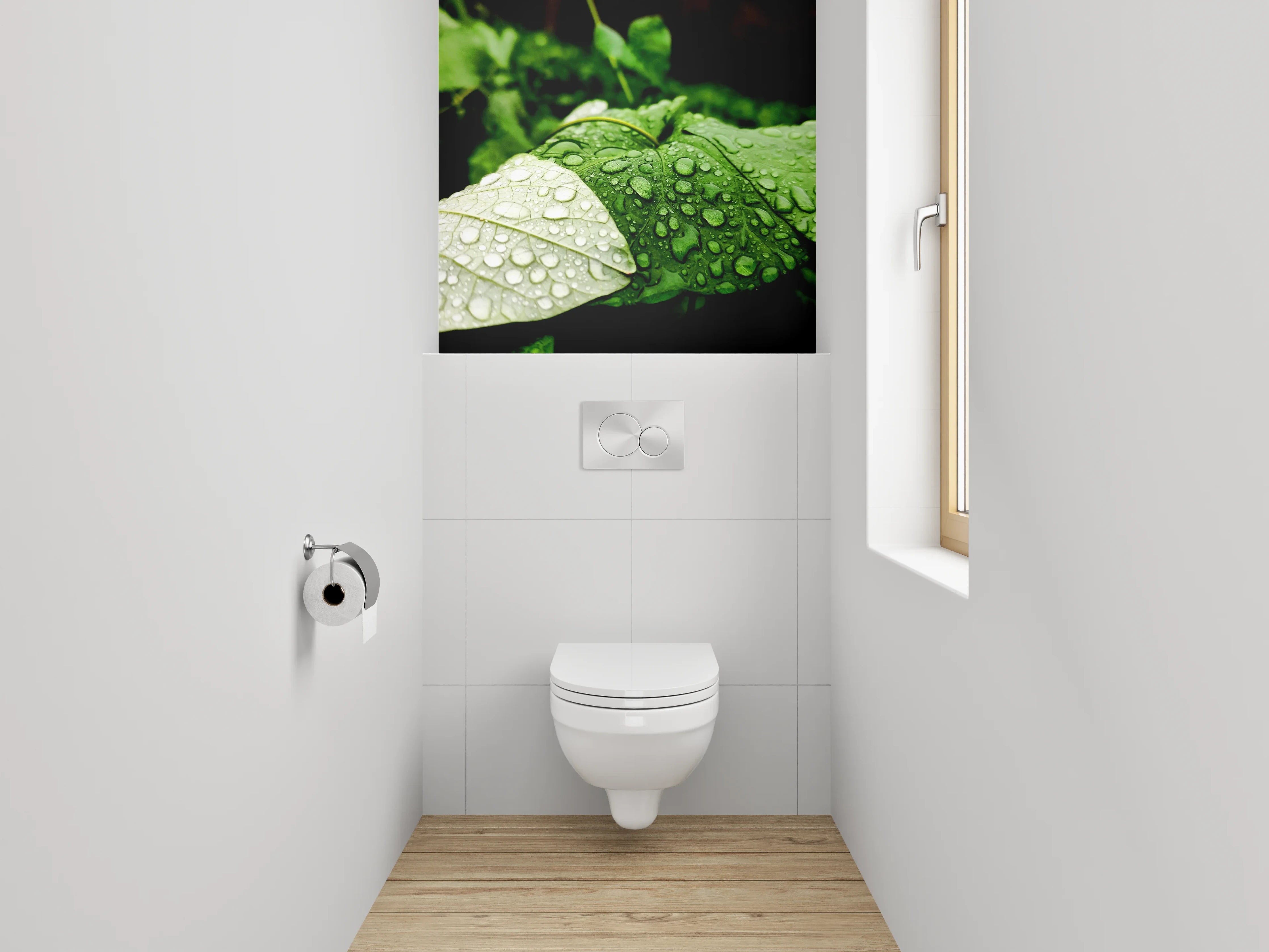WC-Rückwand - Frische grüne Blätter mit Regentropfen