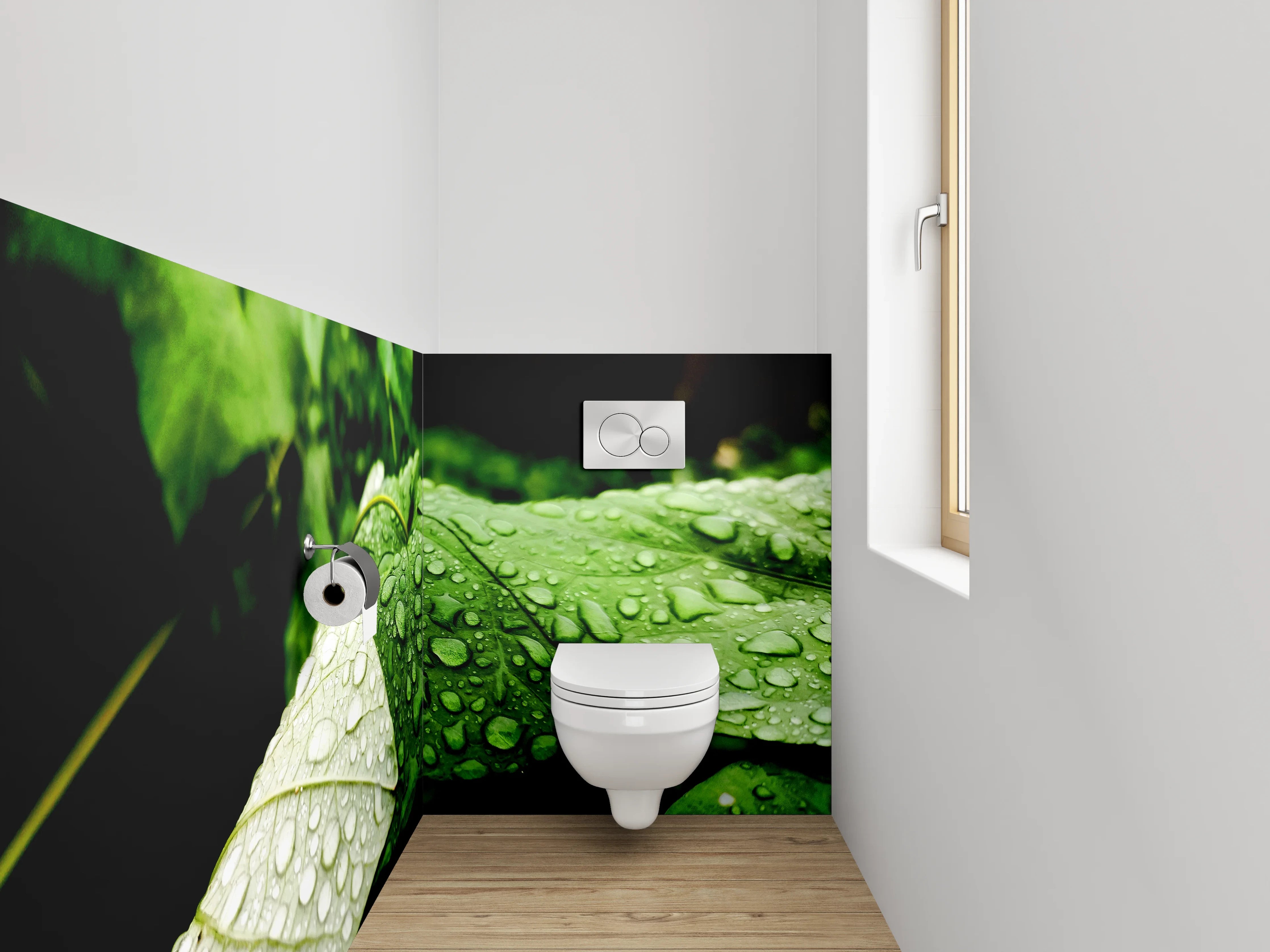 WC-Rückwand - Frische grüne Blätter mit Regentropfen