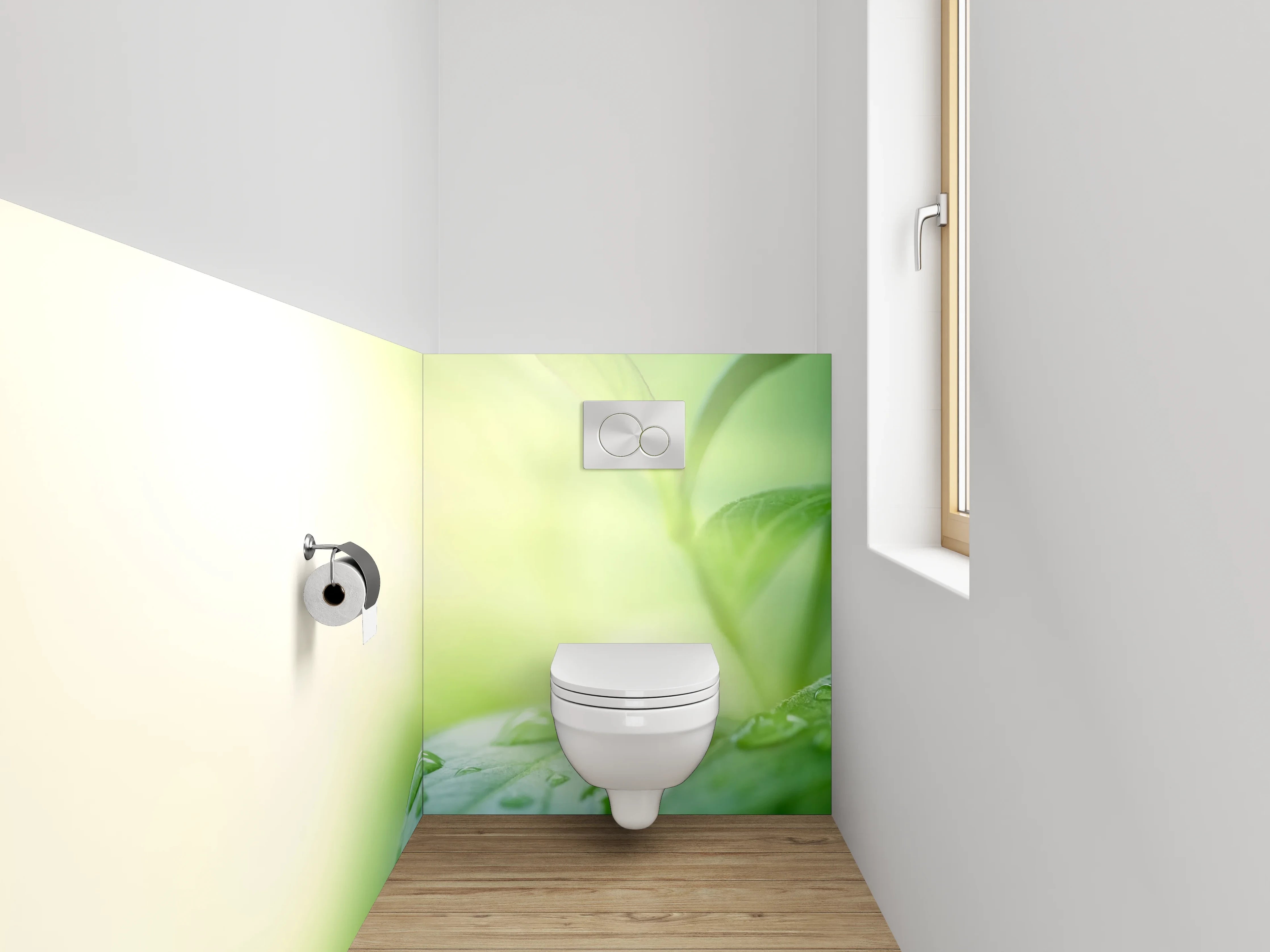 WC-Rückwand - Frischer Morgentau auf grünem Blatt