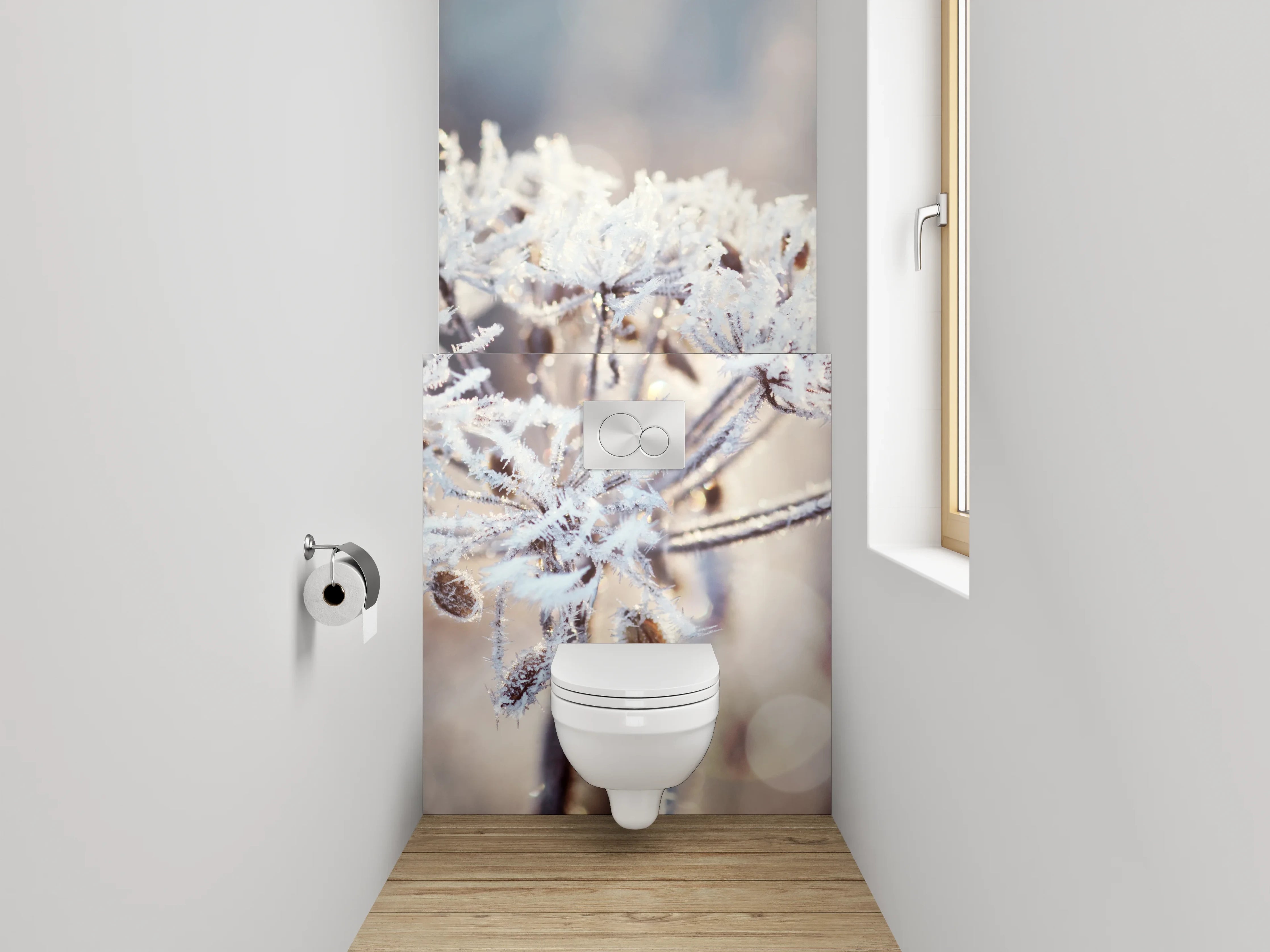 WC-Rückwand - Frostige Eiskristall-Blumen in Weiß