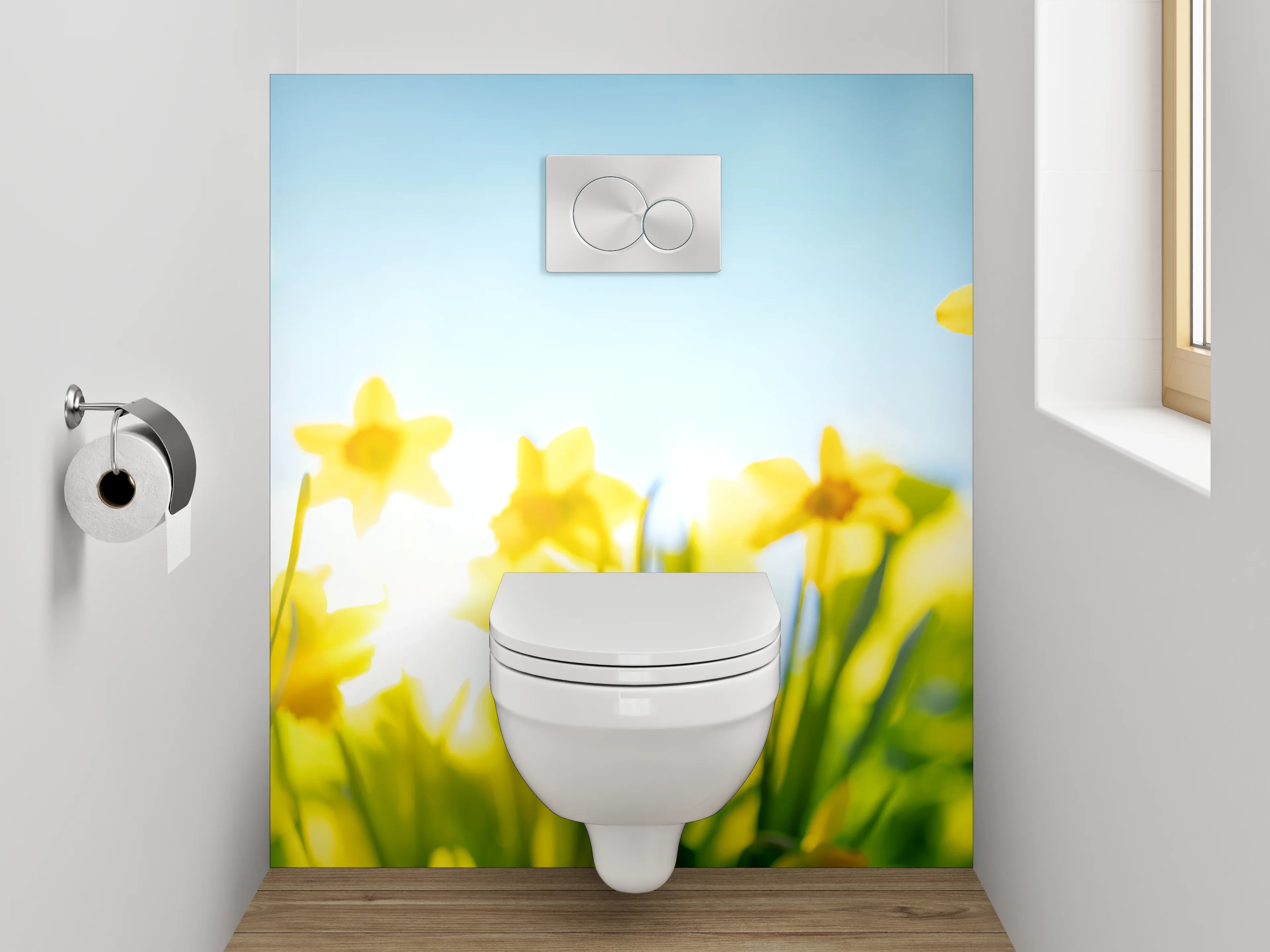 WC-Rückwand - Frühlingshafte Narzissen mit blauem Himmel