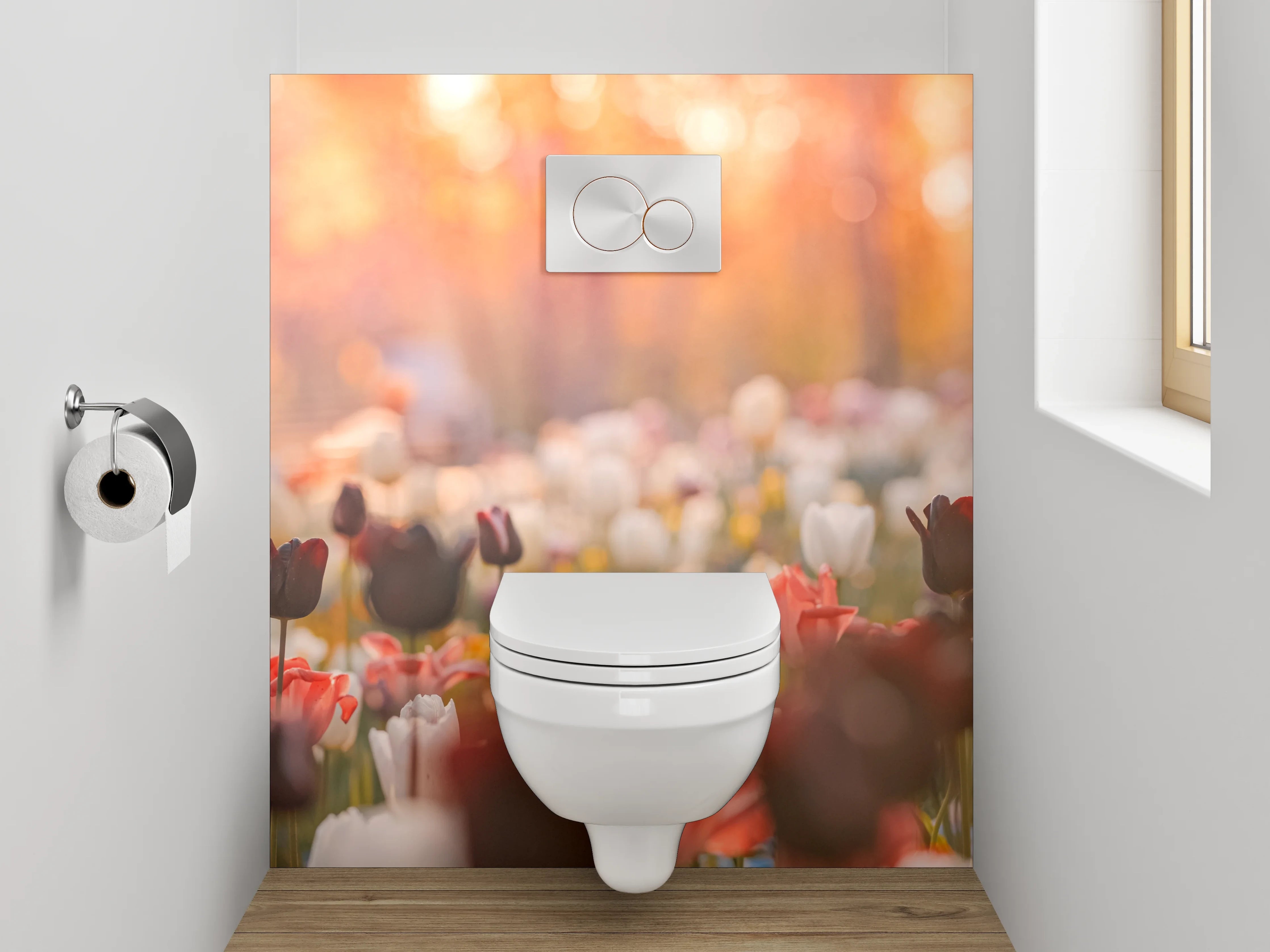 WC-Rückwand - Frühlingshafte Tulpenwiese im Sonnenlicht