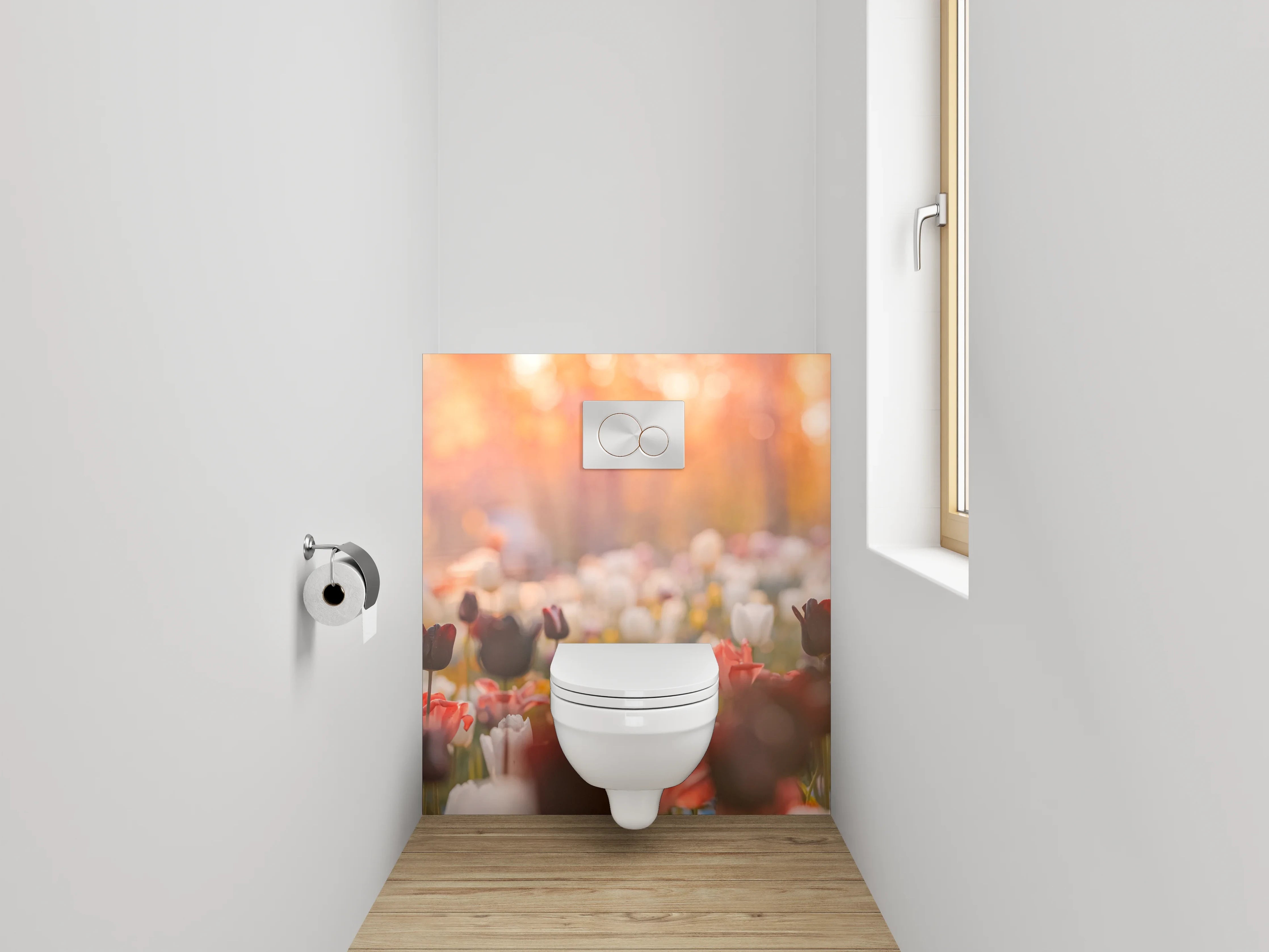 WC-Rückwand - Frühlingshafte Tulpenwiese im Sonnenlicht