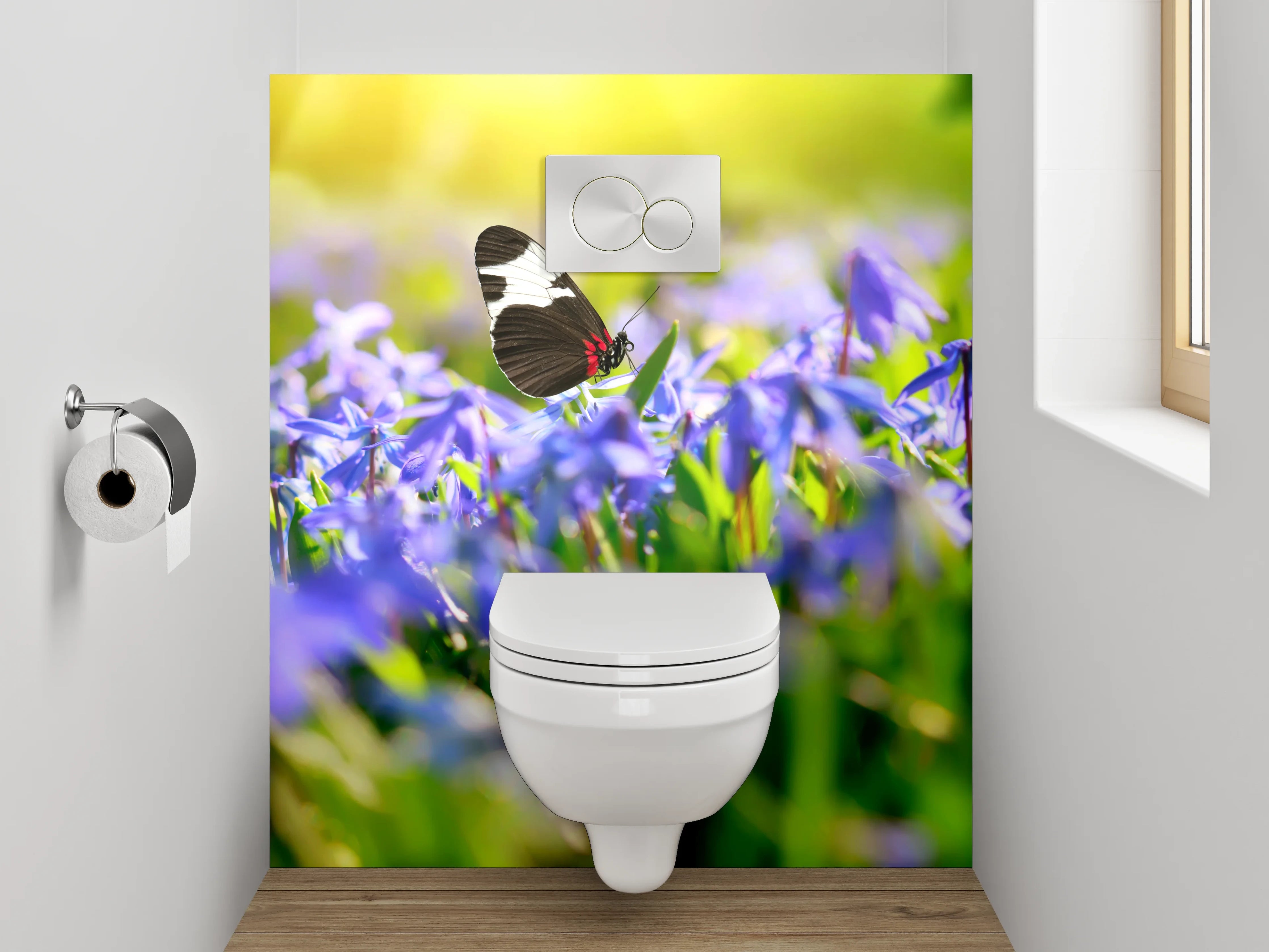 WC-Rückwand - Frühlingsweise mit Schmetterlingen und Blumen